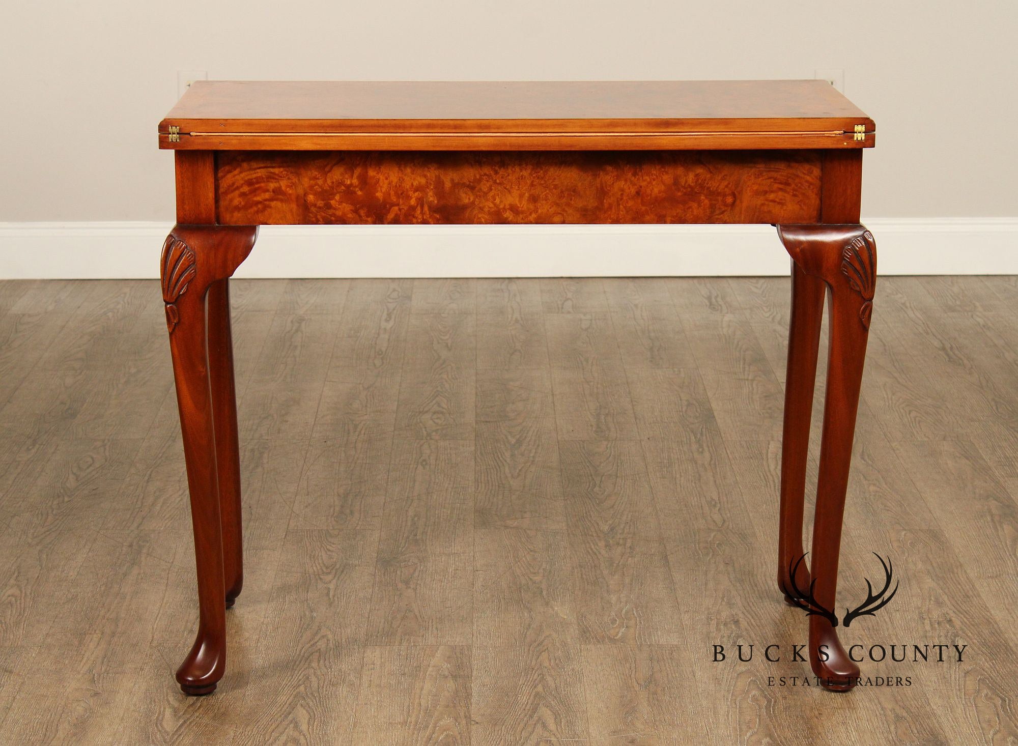 Queen Anne Style Burl Wood Leather Top Folding Games Table