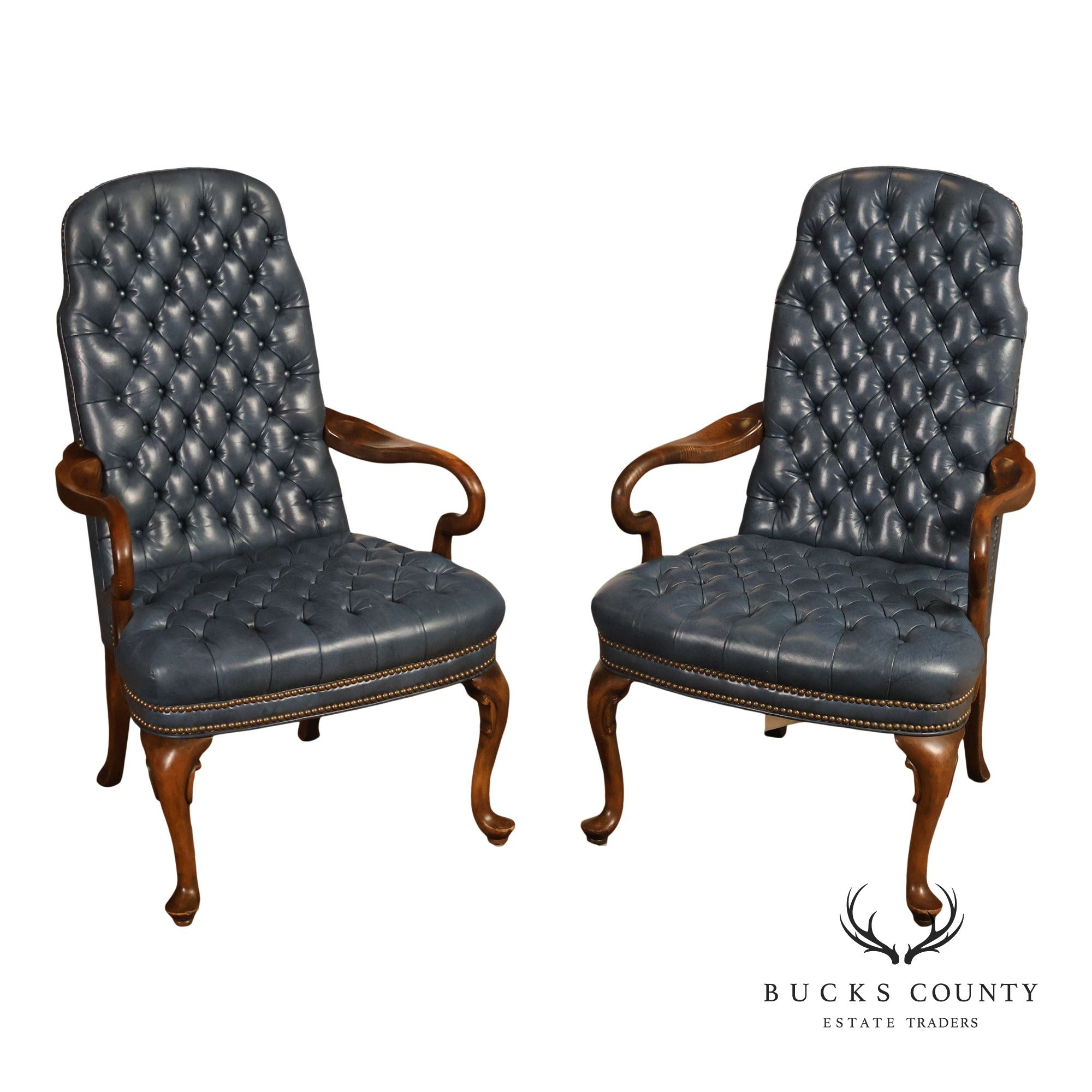 Ethan Allen Queen Anne Style Pair of Tufted Leather Library Armchairs
