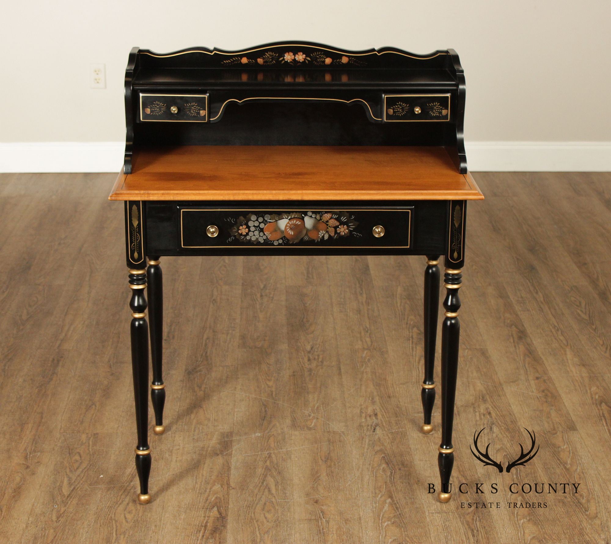 Ethan Allen Hitchcock Style Hand Painted Black Lacquer Writing Desk