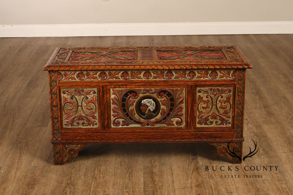 Berkey & Gay Carved And Painted Oak Spanish Revival Storage Chest