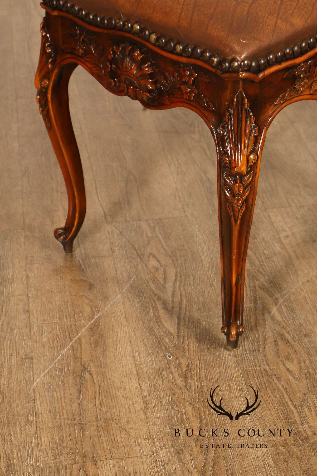 Rococo Style Leather Upholstered Carved Mahogany Window Bench