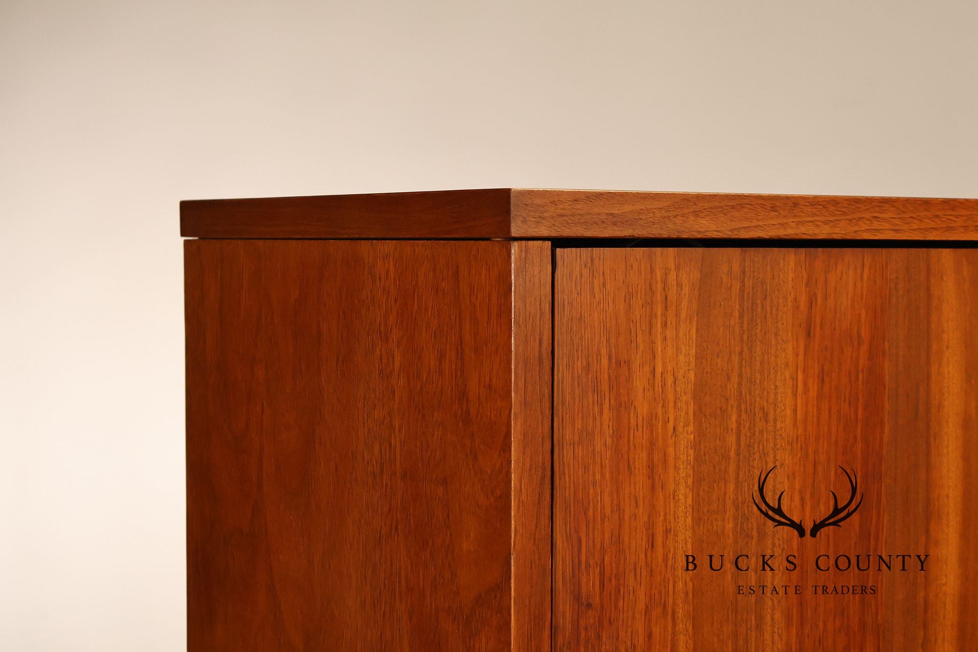 Stanley Mid Century Modern Walnut & Rosewood Inlaid Wall Unit Credenza