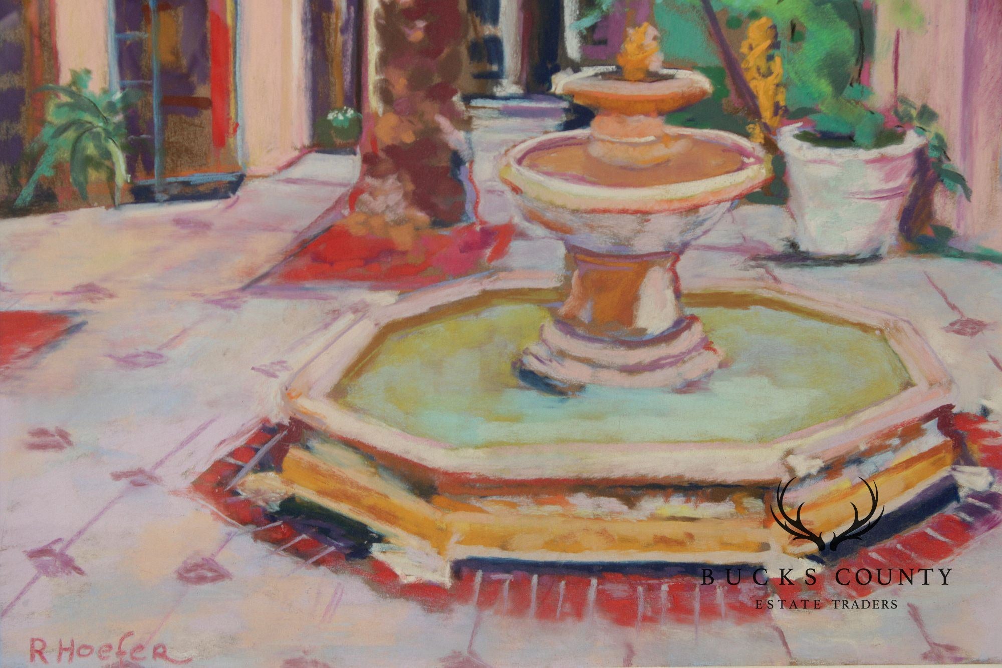R. Hoefer Oil Pastel Painting, Spanish Courtyard