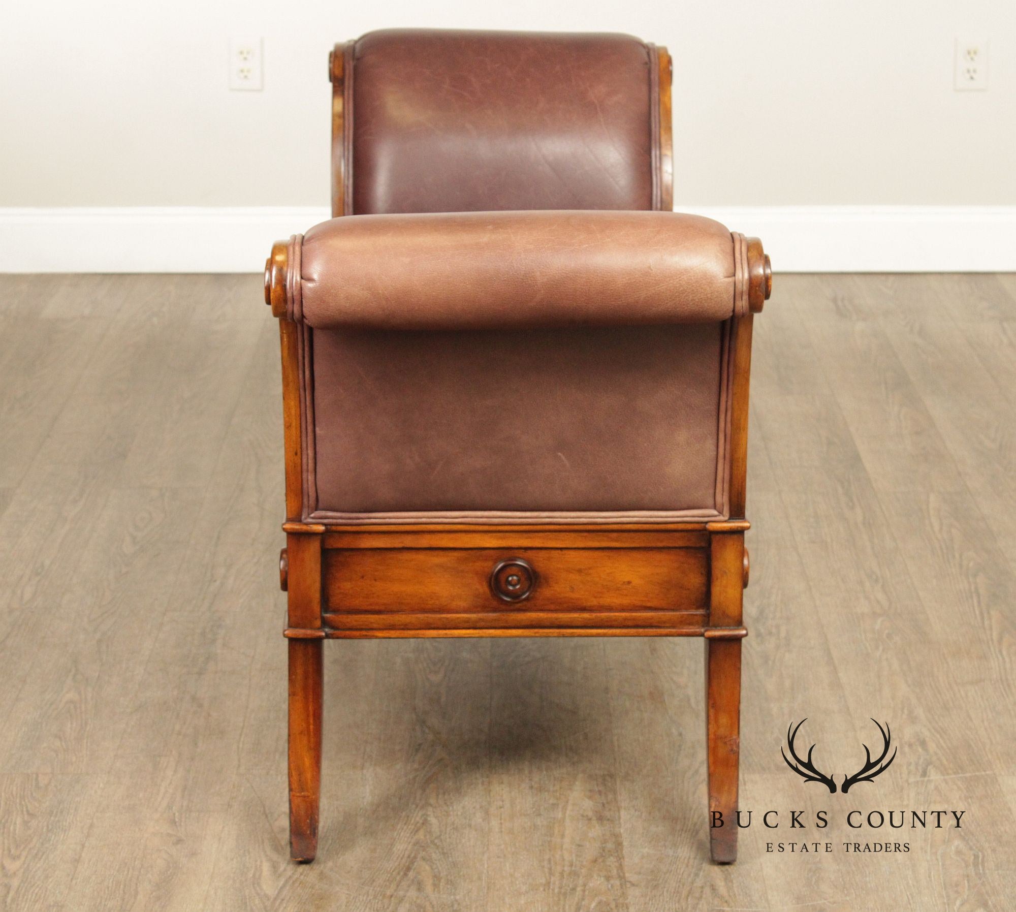 Theodore Alexander Carved Mahogany and Leather Window Bench