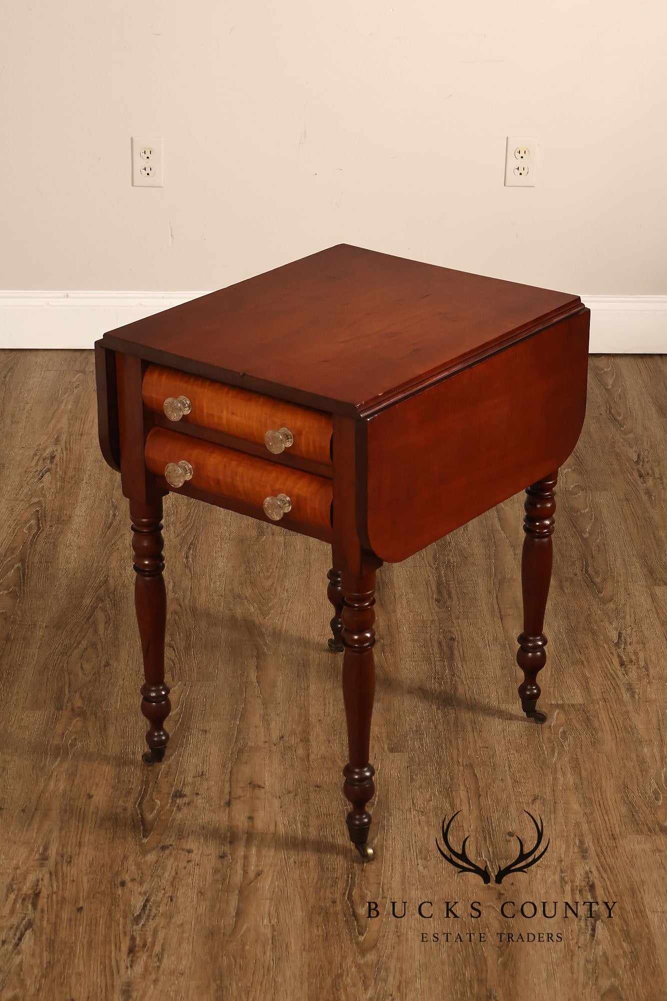 Antique American Sheraton Style Cherry And Tiger Maple Drop Leaf Work Table