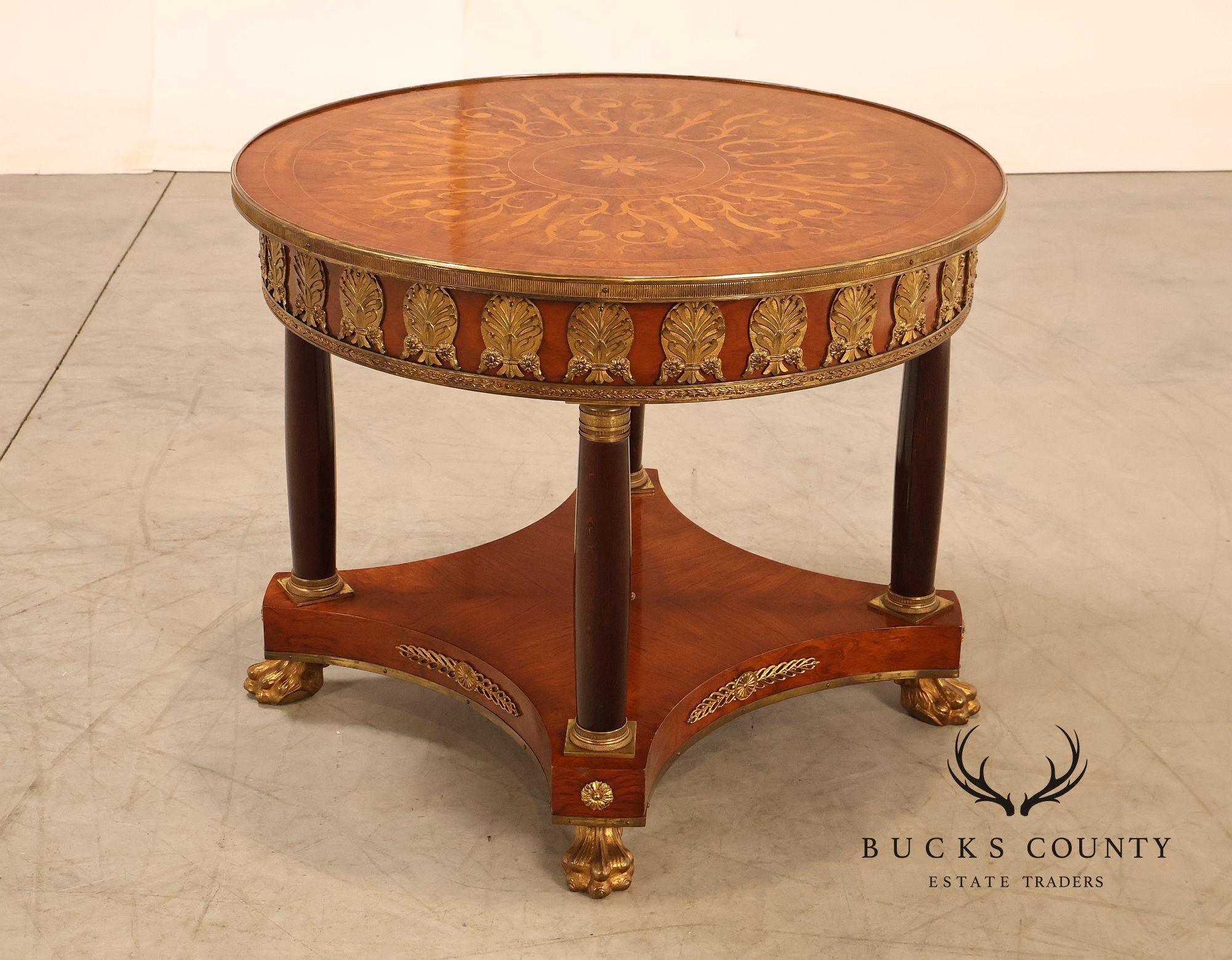 Empire Style Ormolu Mounted Round Marquetry Inlaid Cocktail Table