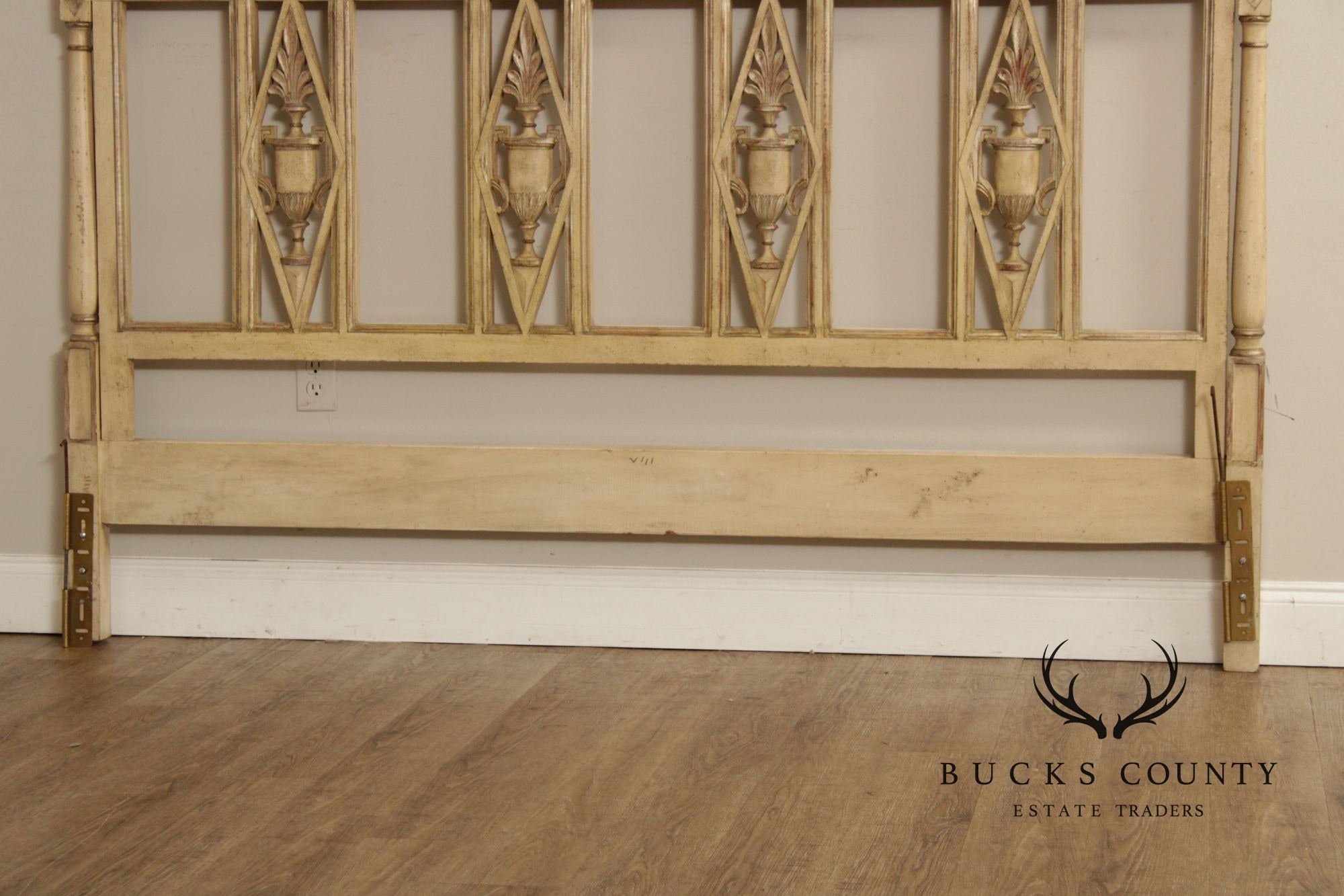 French Neoclassical Directoire Style Distress Painted King Headboard