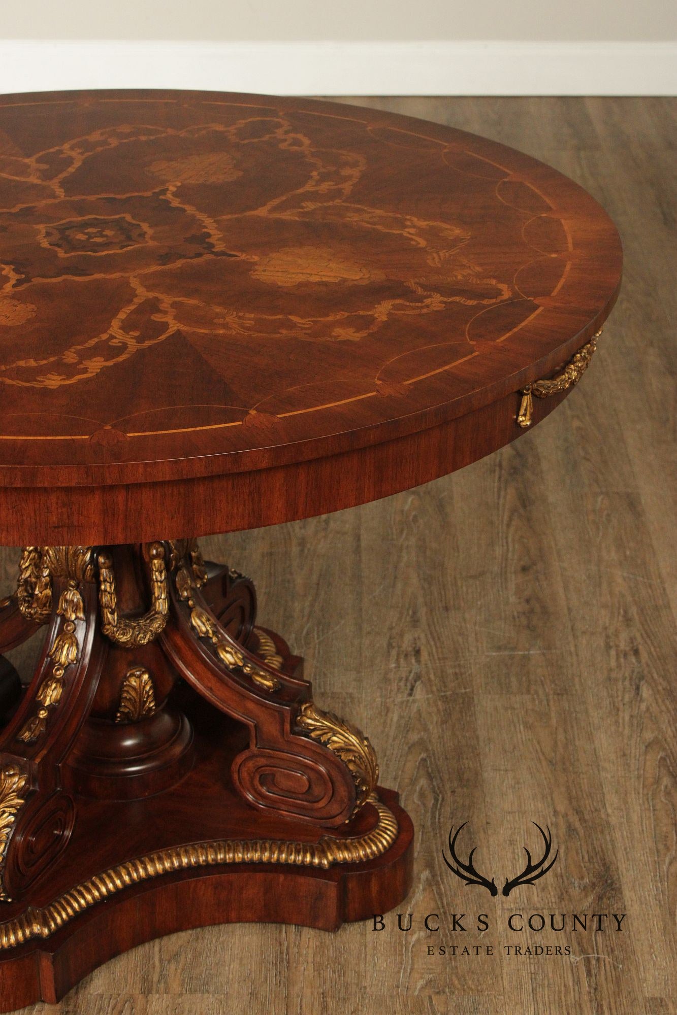 Maitland-Smith Round Inlaid Mahogany Round Center Table With Gilt Accents