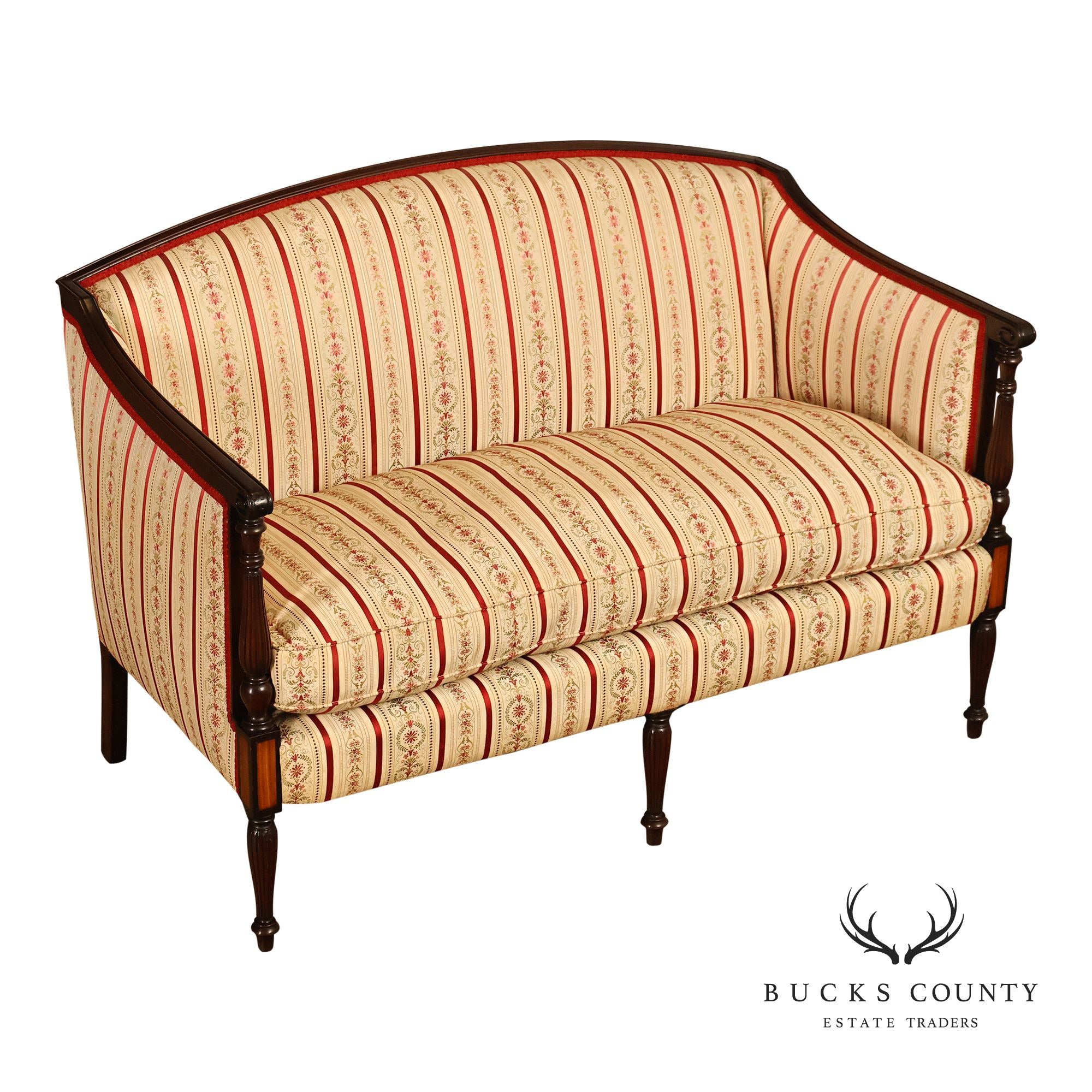 Vintage Sheraton Style Mahogany Inlaid Upholstered Loveseat