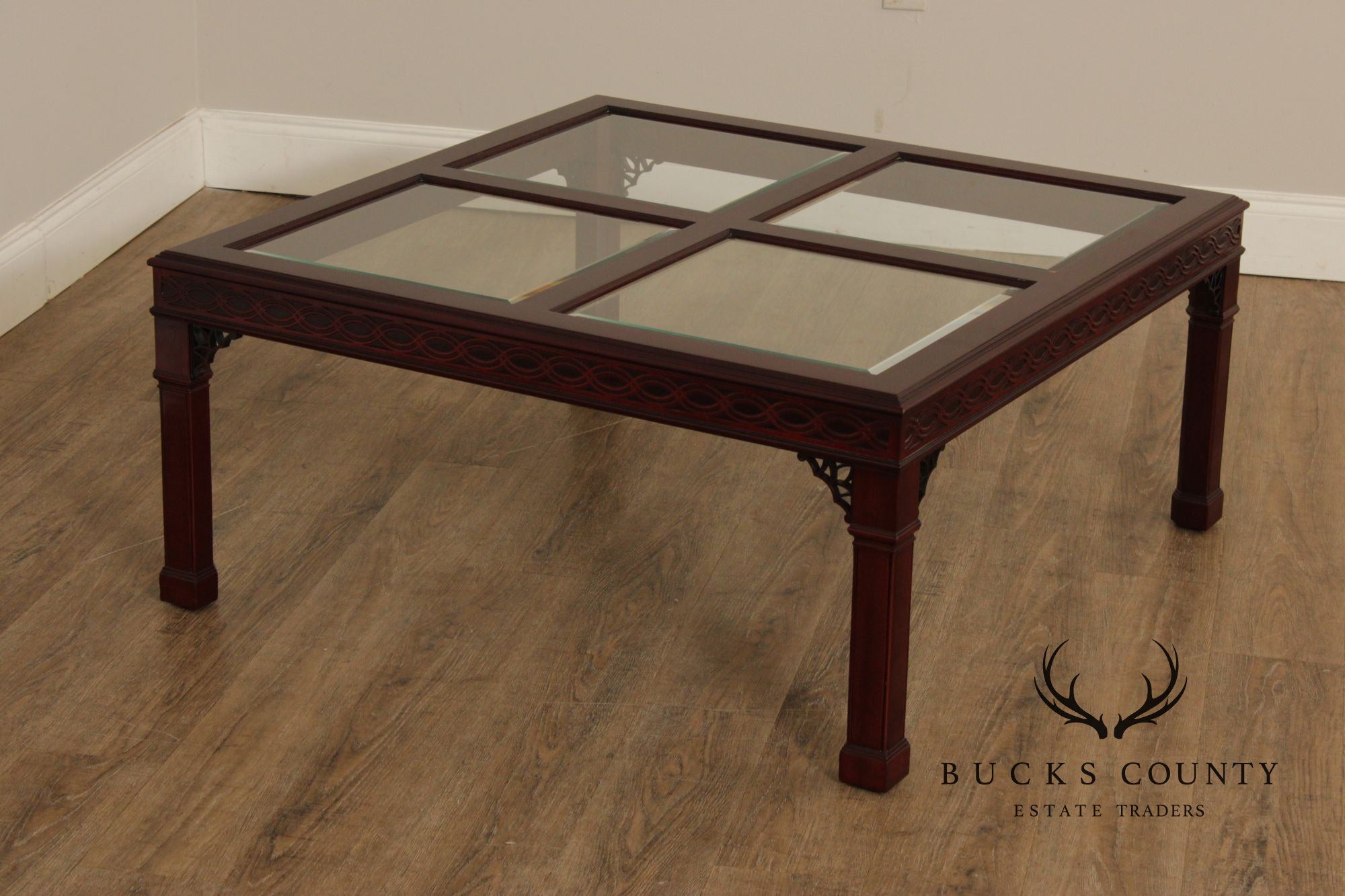 Kindel Chinese Chippendale Style Glass Top Mahogany Coffee Table