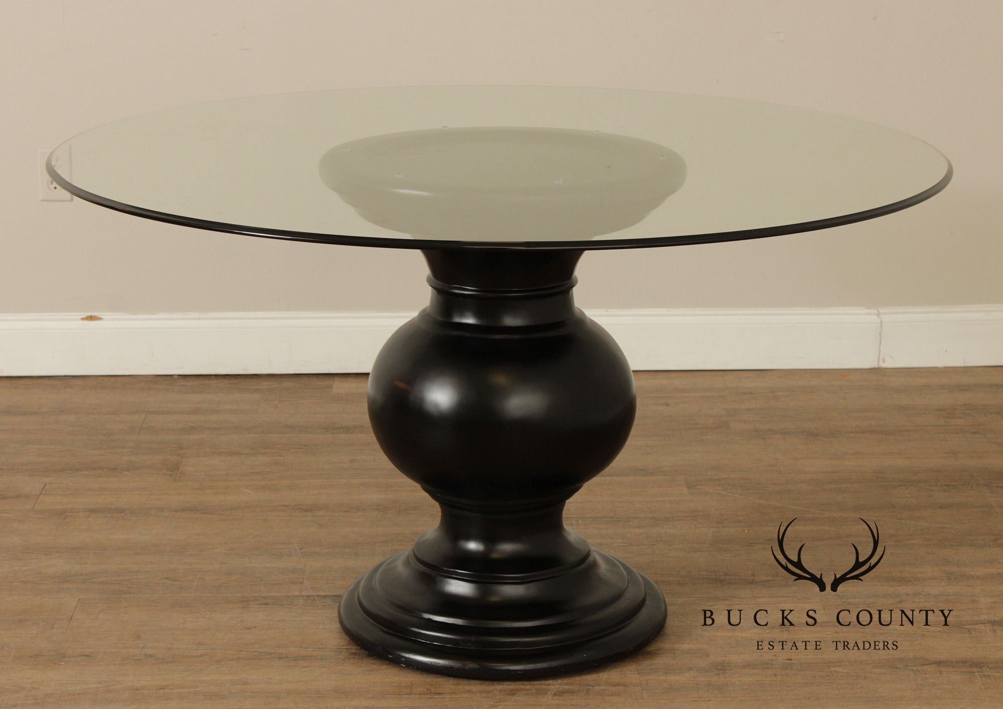 Contemporary Round Glass Top Ebonized Pedestal Dining Table