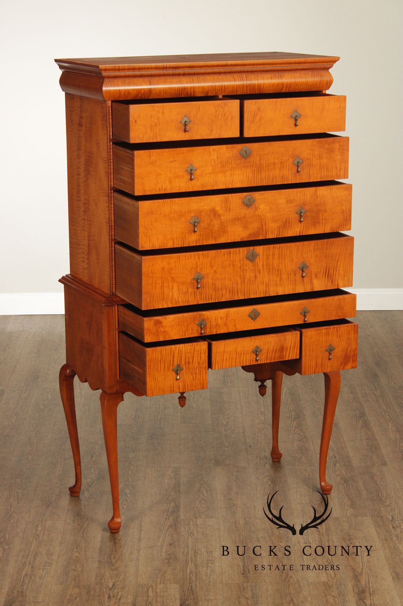 Simms & Thayer Queen Anne Style Tiger Maple Highboy