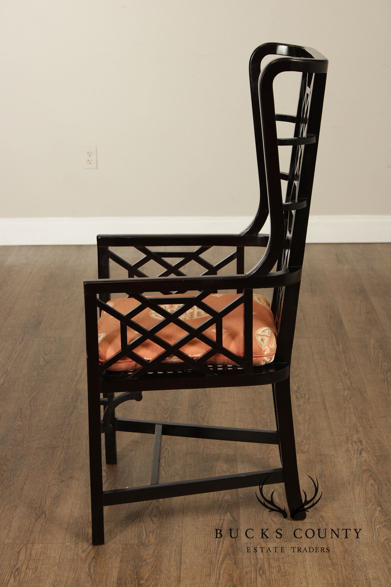 Chinese Chippendale Style Pair of Black Lacquer Armchairs