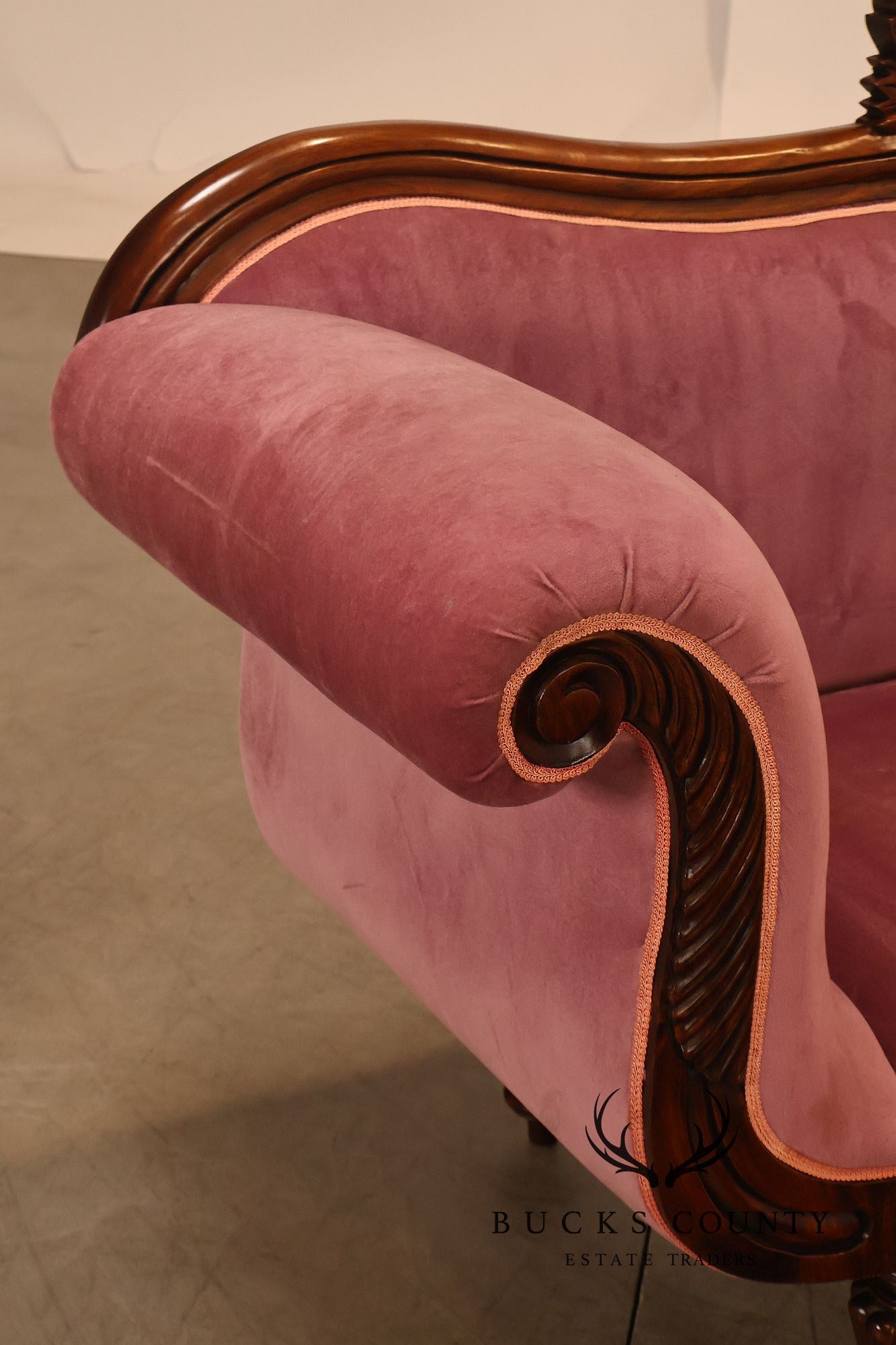 Victorian Style Mahogany Carved Wood Framed Pink Velour Upholstered Sofa