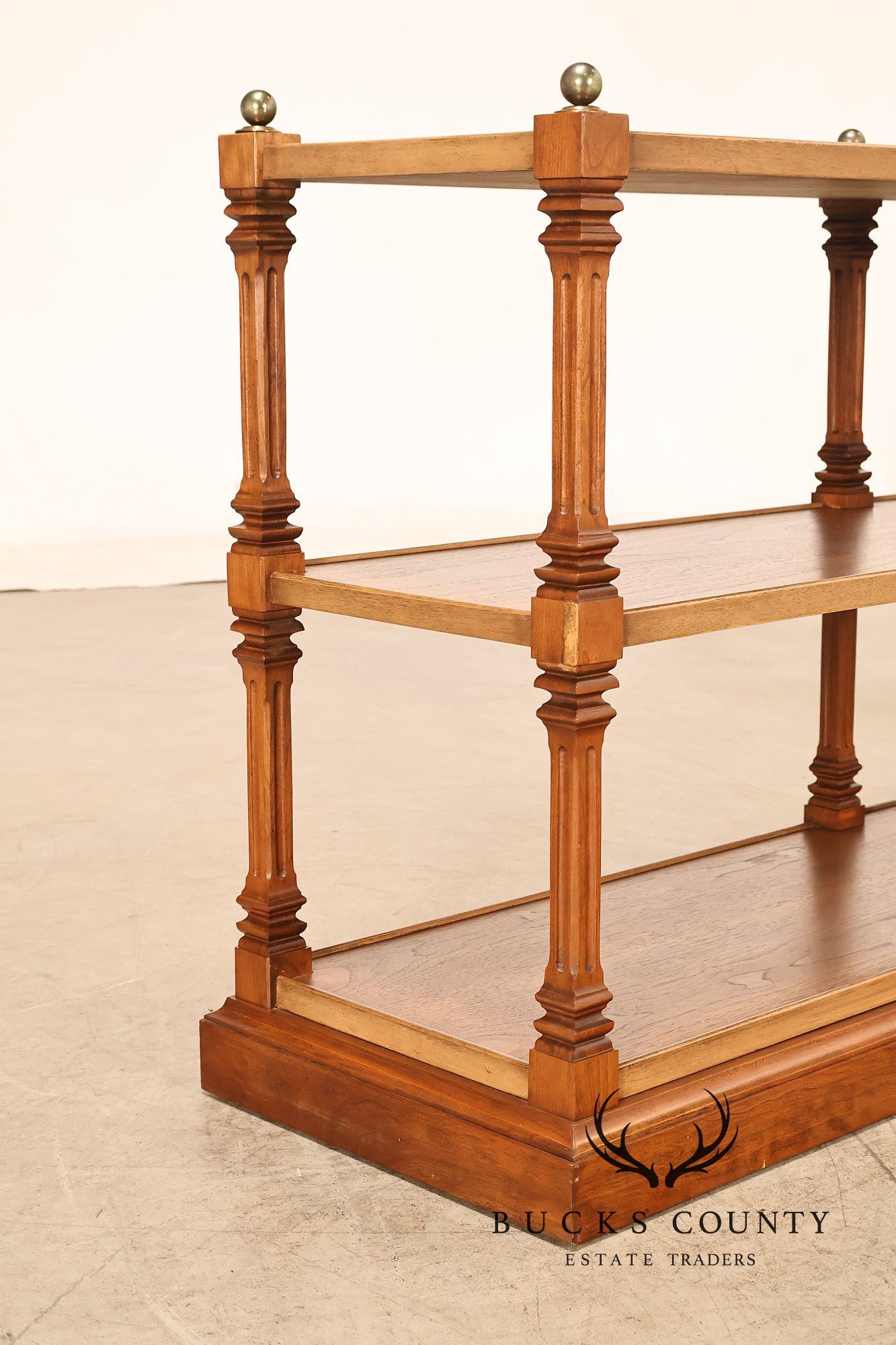 Brandt Furniture Regency Style Walnut Three-Tier Open Etagere Bookcase With Brass Ball Finials