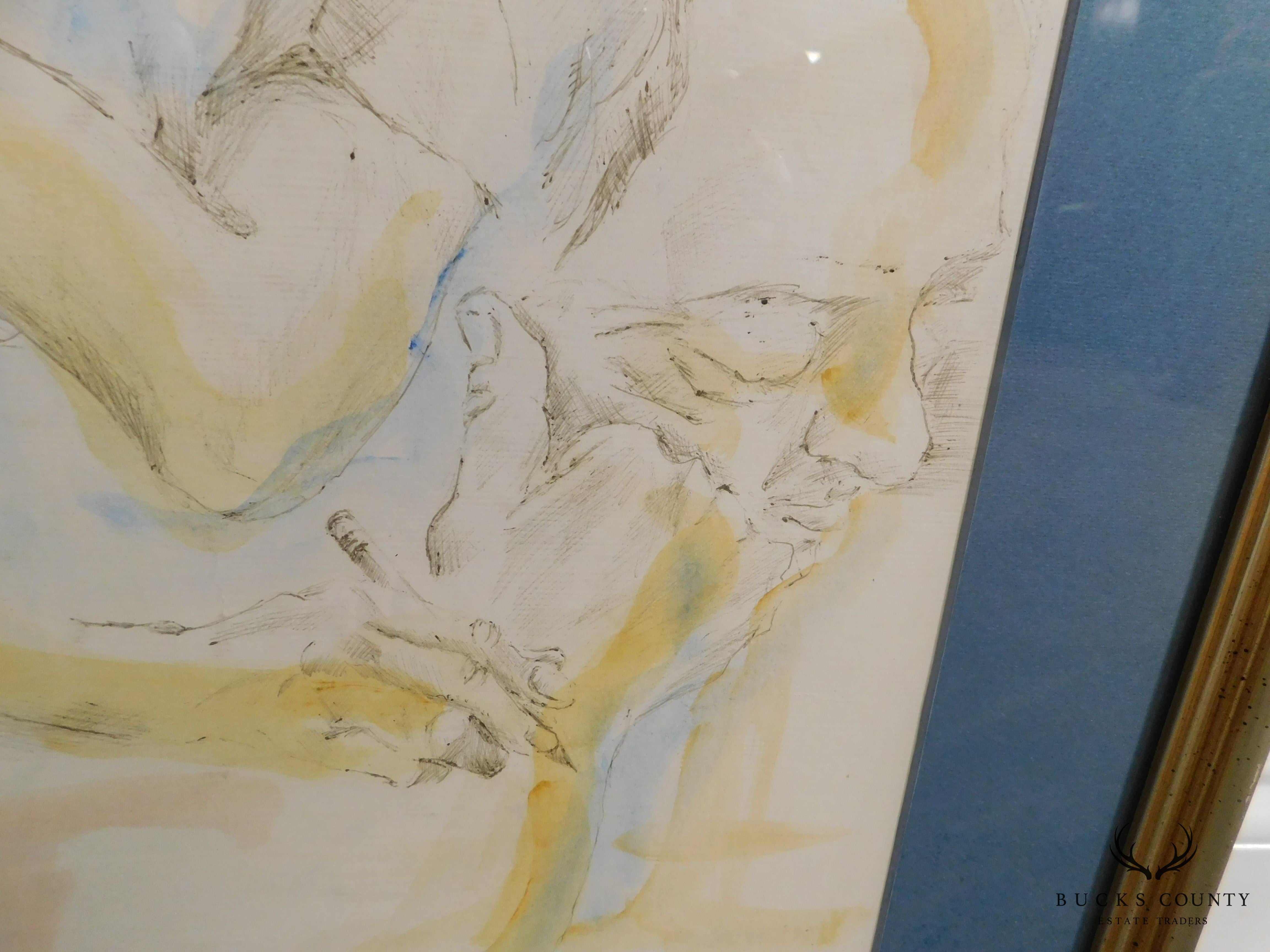 Blue Matted Portrait Sketch w/ Watercolor