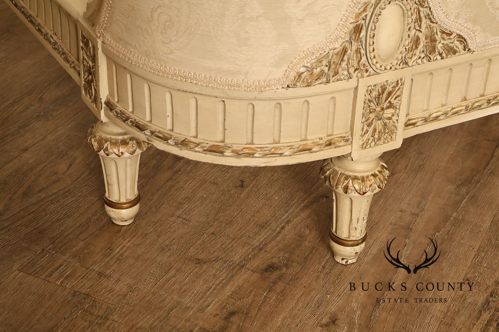 Antique French Louis XVI Style Painted & Upholstered Full Size Bed Frame