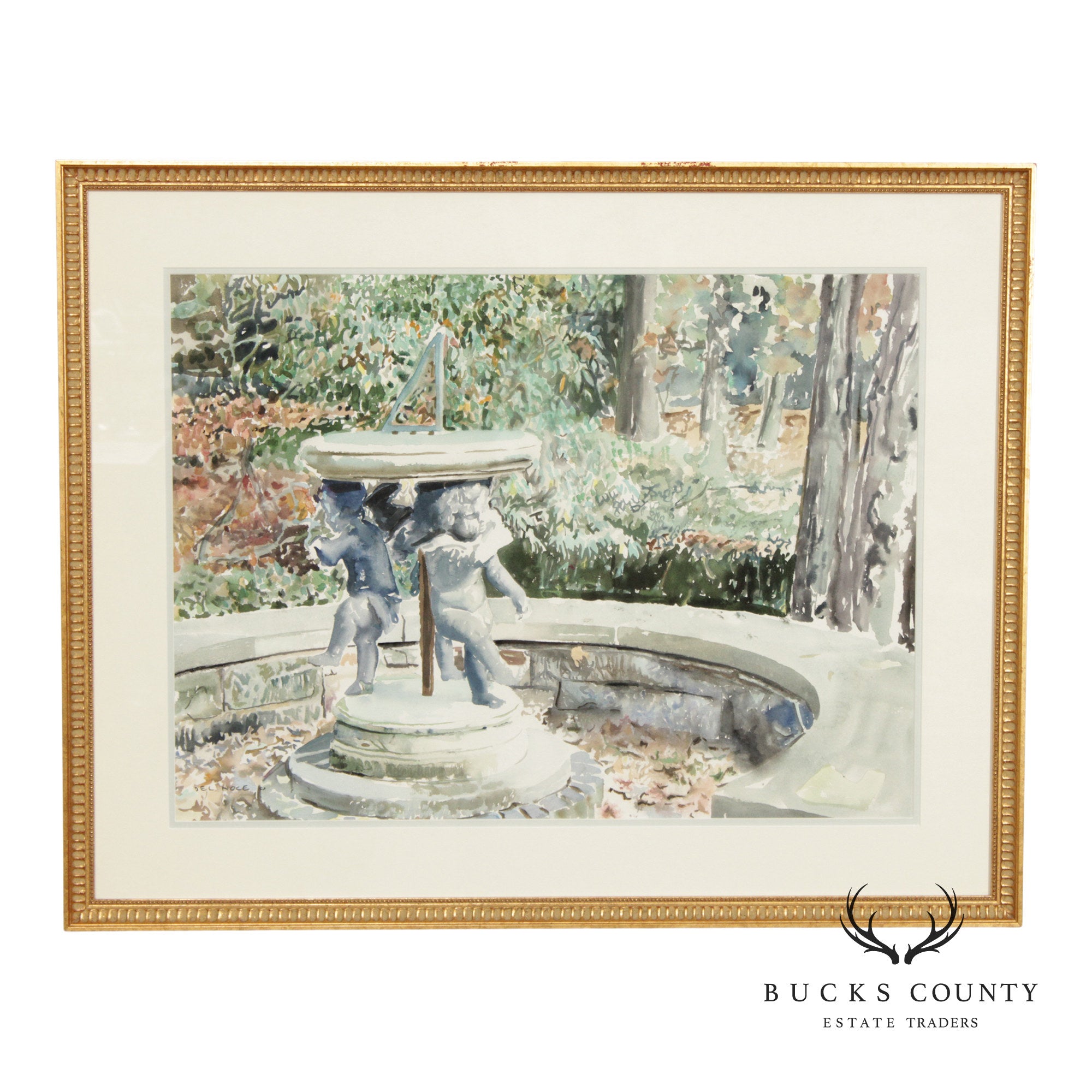 Raimond Del Noce Watercolor, Garden Fountain