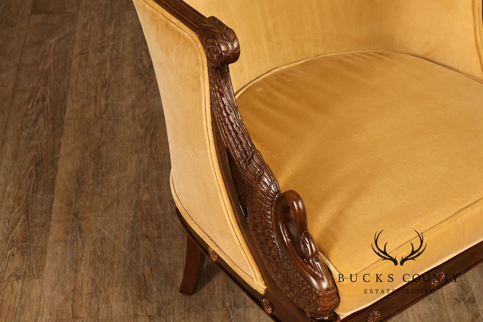 Pair Of French Empire Style Carved Mahogany Swan Motif Barrel Back Club Chairs In Gold Velvet