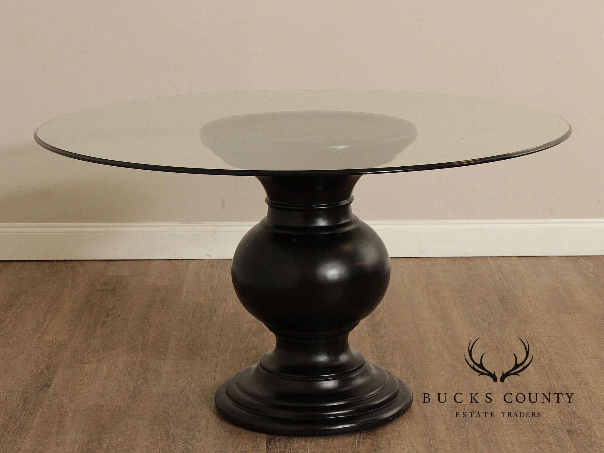 Contemporary Round Glass Top Ebonized Pedestal Dining Table