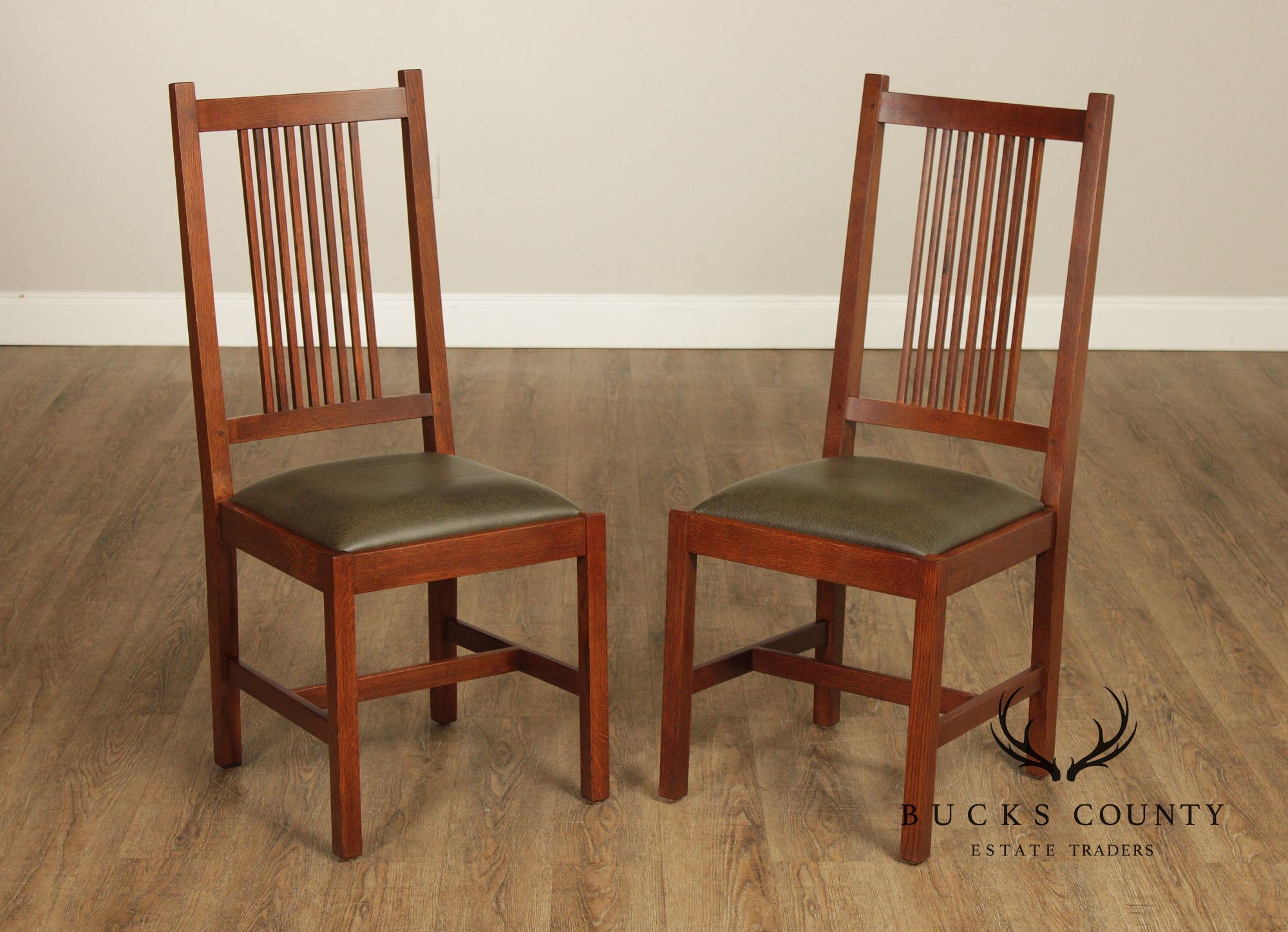 Stickley Mission Collection Pair Oak Spindle Side Dining Chairs