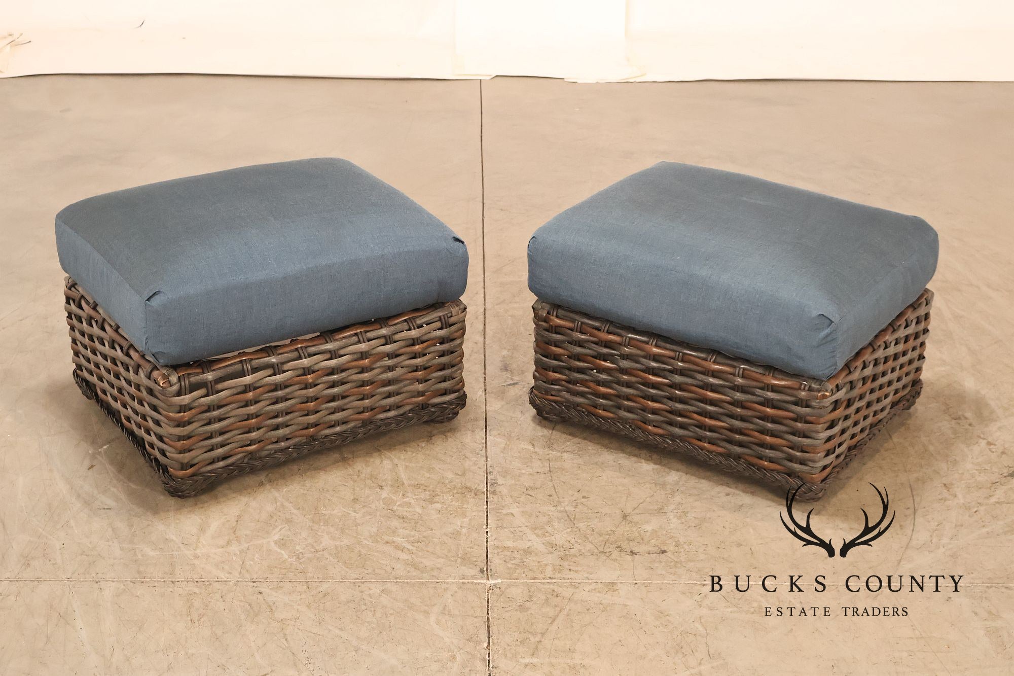 Lane Venture WeatherMaster Pair Of Woven Wicker Outdoor Ottomans With Blue Cushions