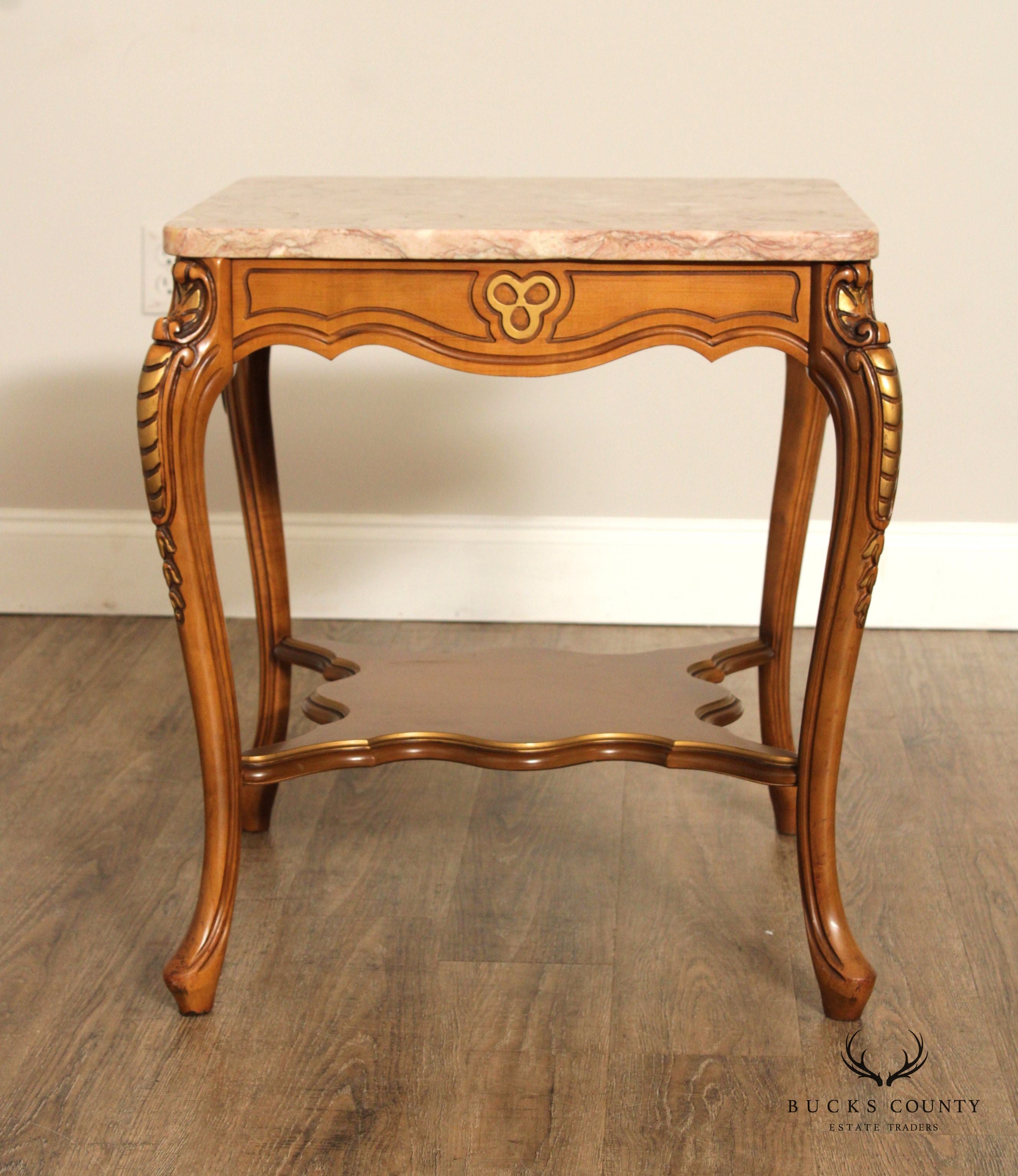 FRENCH LOUIS XV STYLE VINTAGE PAIR MARBLE TOP END TABLES