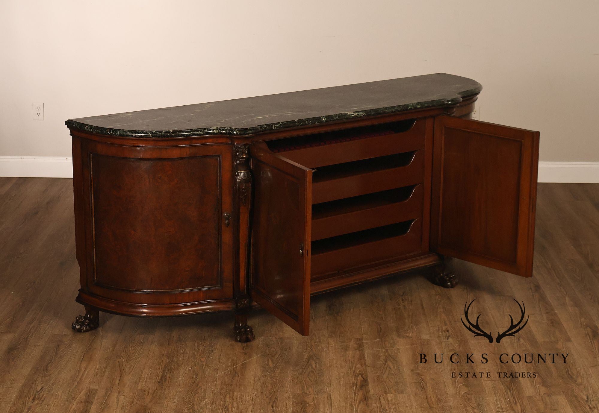 Antique Marble Top Mahogany Inlaid Figural Carved Buffet Sideboard