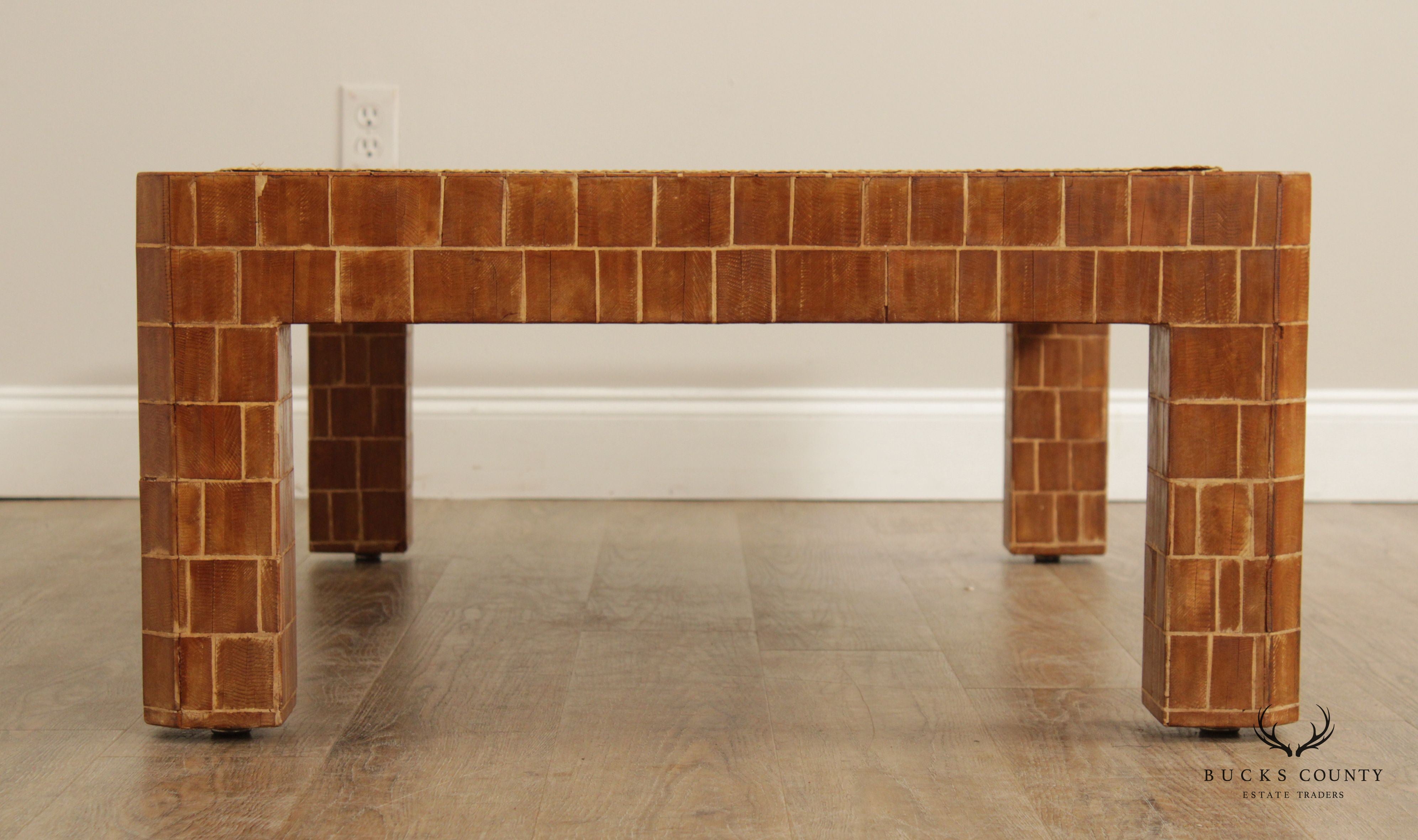 Mid Century Modern Wooden Block Carved Tile Parsons Coffee Table with Wicker Top