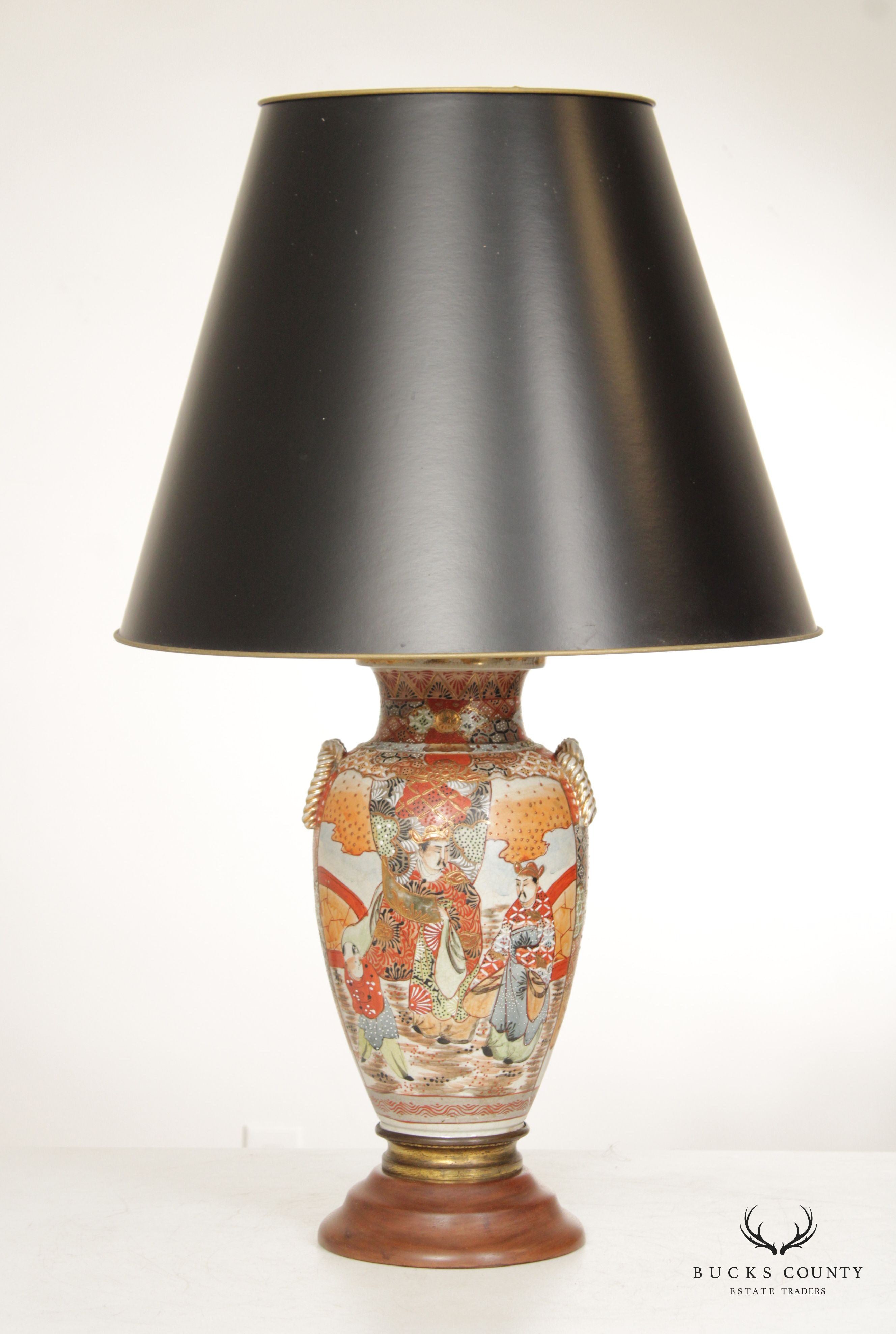 Japanese Satsuma Antique Pair of Enameled Porcelain Vase Table Lamps