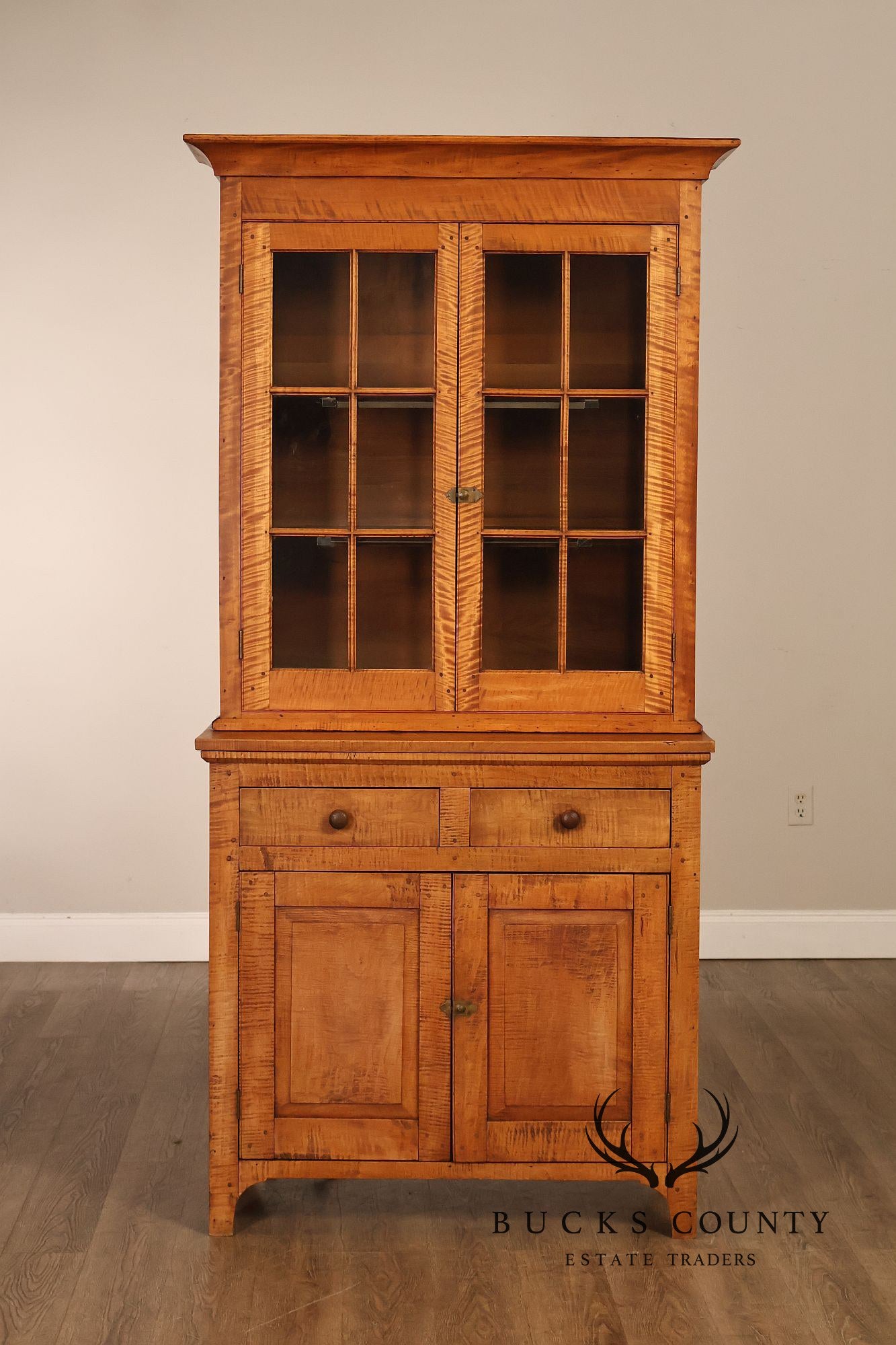 Bench Made Tiger Maple And Cherry Two Piece Stepback Hutch Cabinet