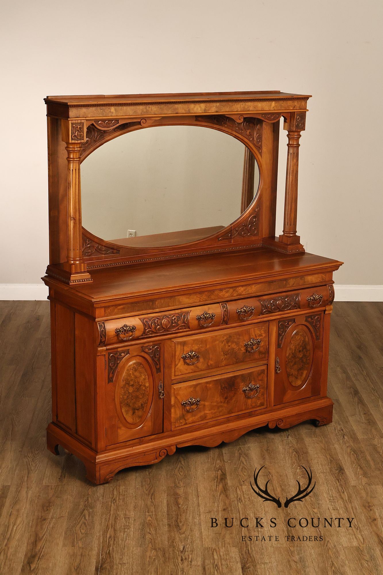 Antique Mirrored Burl Walnut Buffet Sideboard