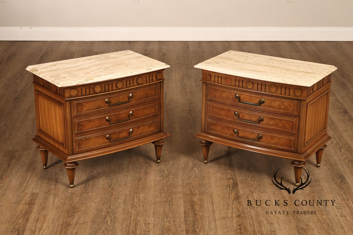 Pair Of Neoclassical Style Marble Top Three Drawer Nightstands