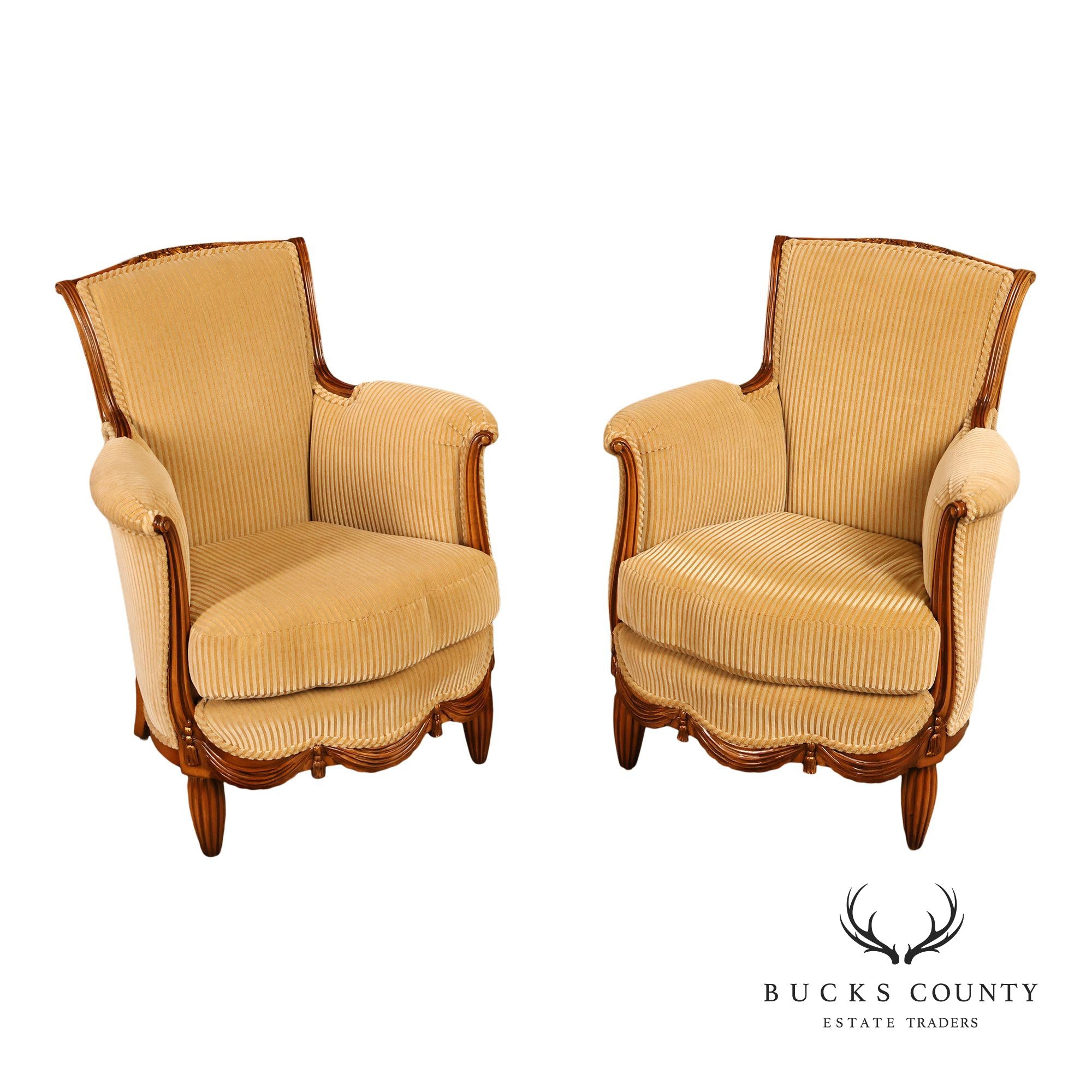 Medea Furniture Pair of Louis XVI Style Carved Bergere Armchairs With Gold Striped Velvet Upholstery