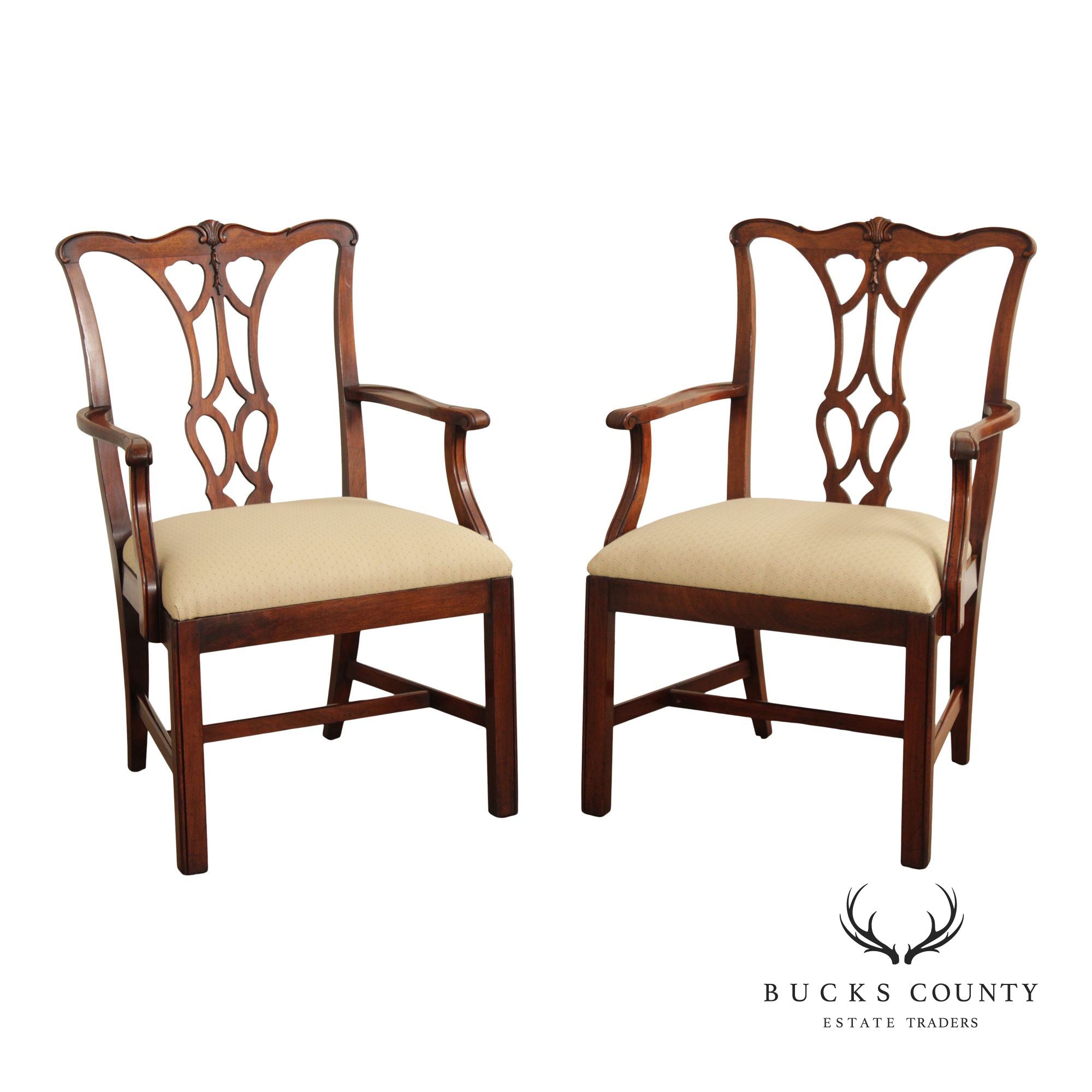 1940's Chippendale Style Pair of Carved Mahogany Armchairs