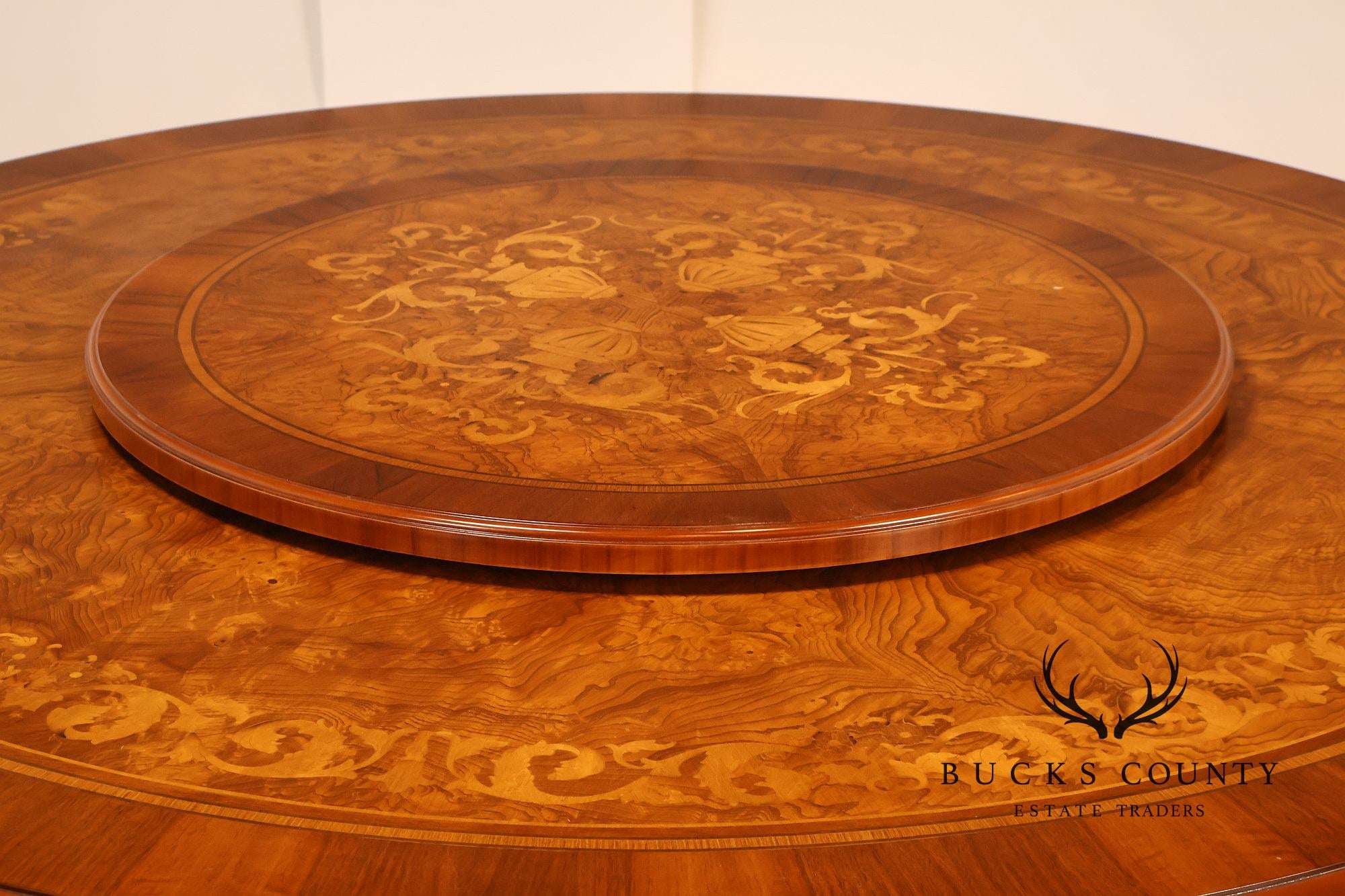 Italian 72" Round Inlaid Burl Wood Dining Table With Lazy Susan