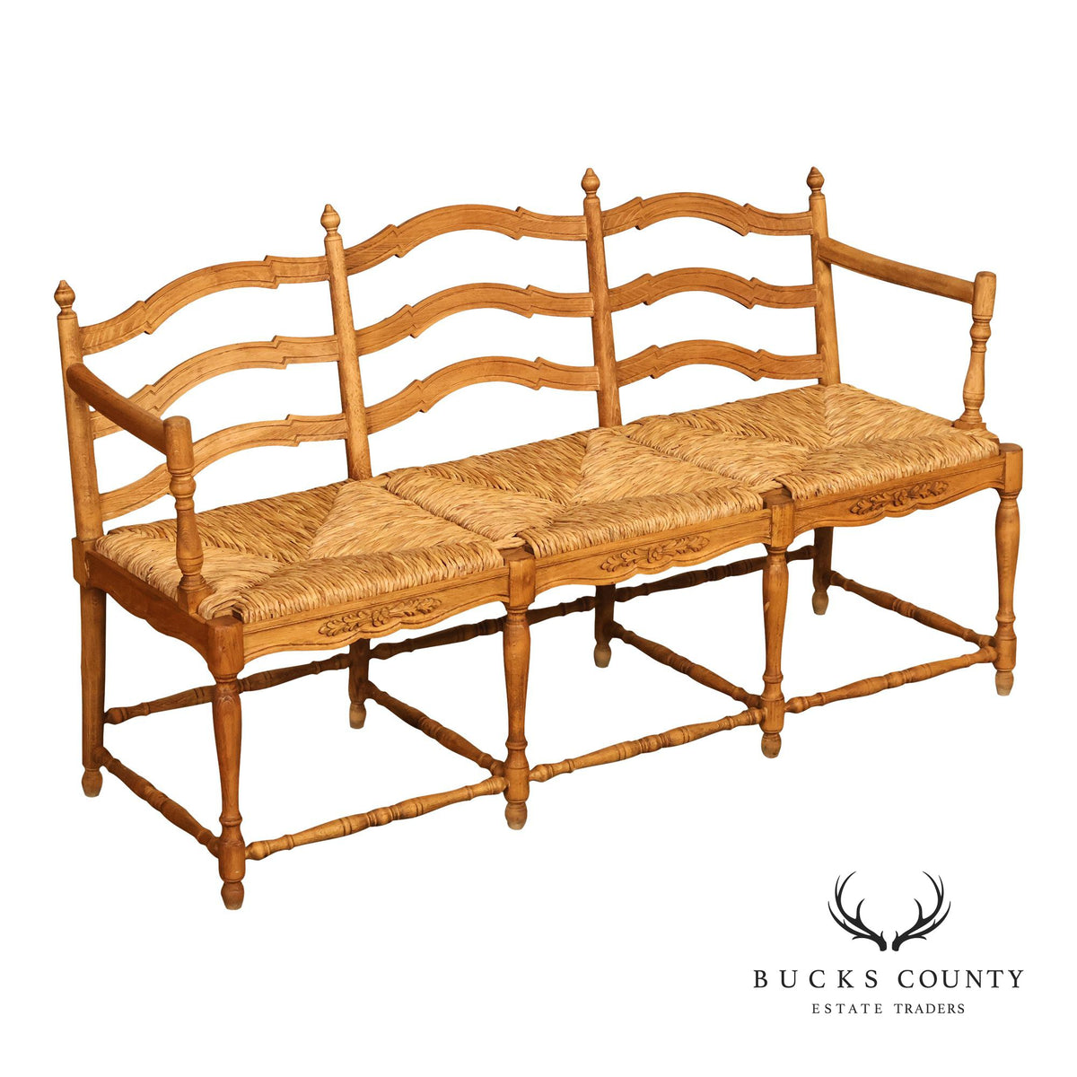 French Provincial Style Carved Wood Rush Seat Settee