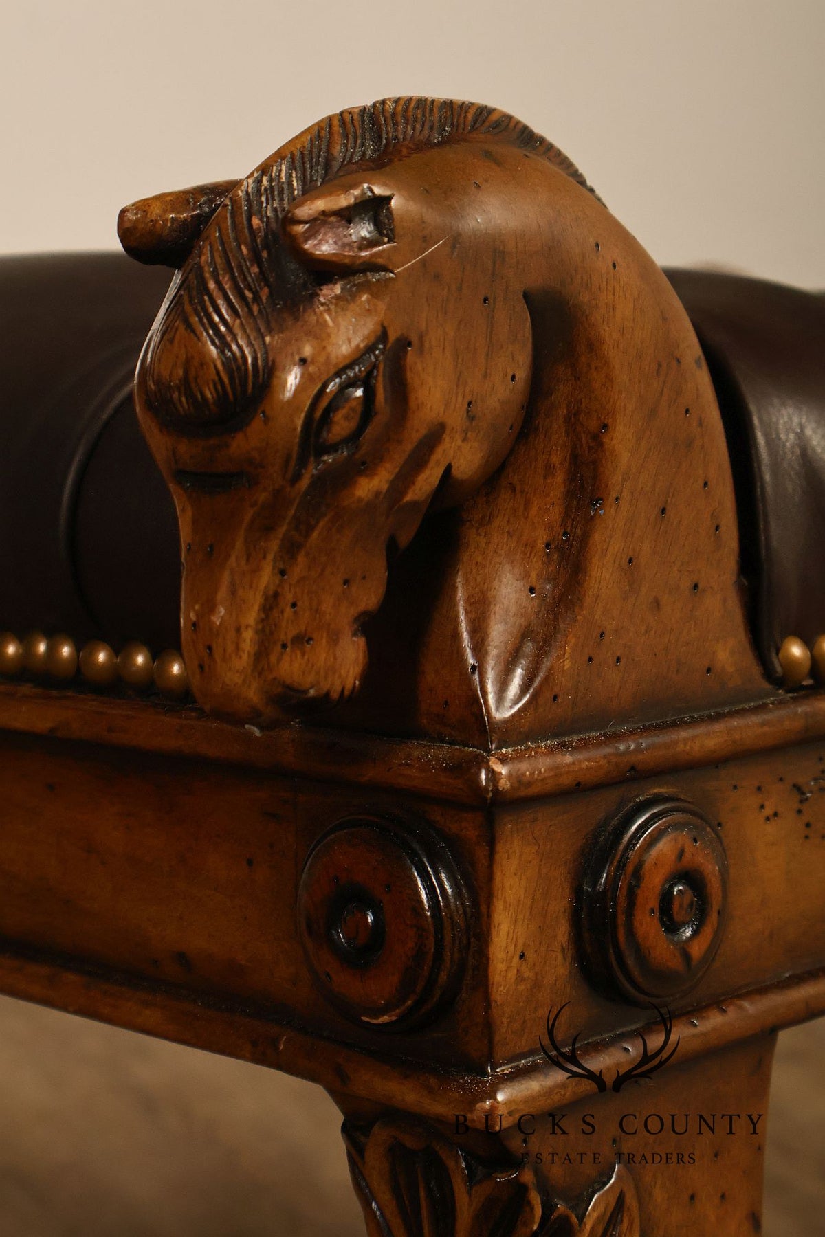 Theodore Alexander Regency Style Carved Horse Head Leather Bench