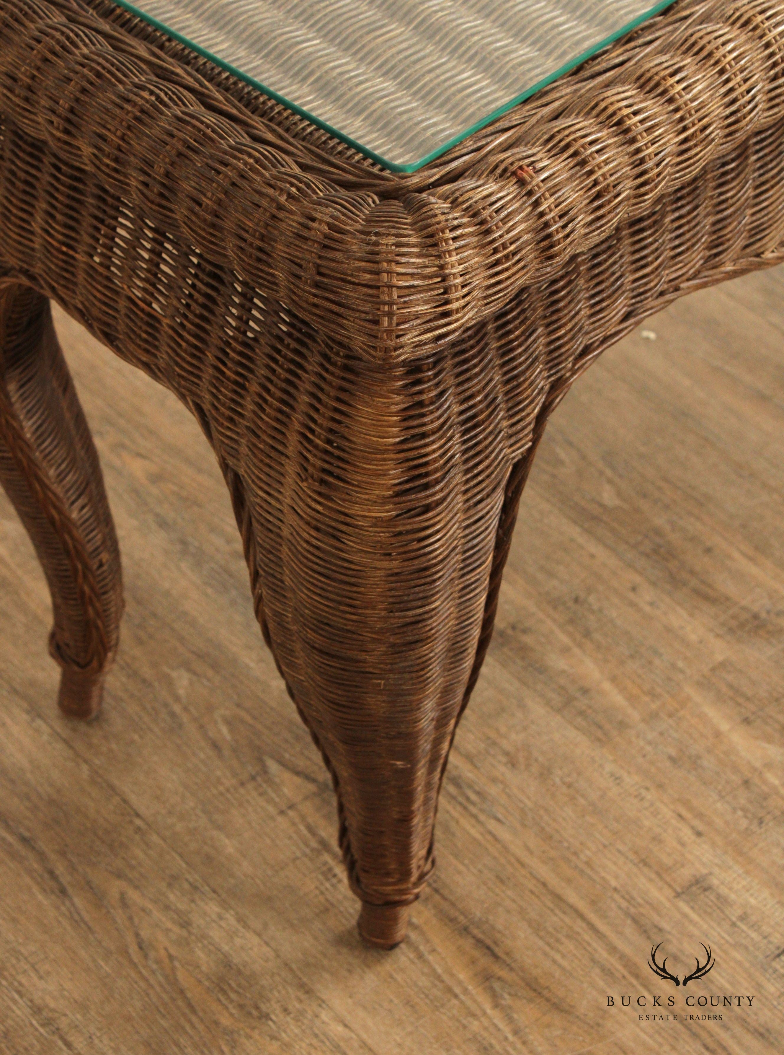 ETHAN ALLEN VICTORIAN STYLE VINTAGE WICKER CONSOLE TABLE
