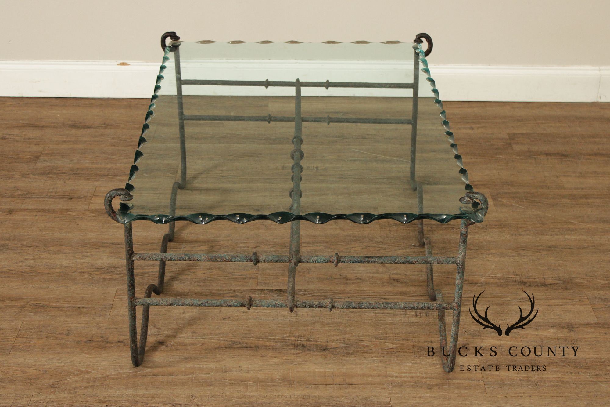 Modernist Glass Top Wrought Iron Coffee Table