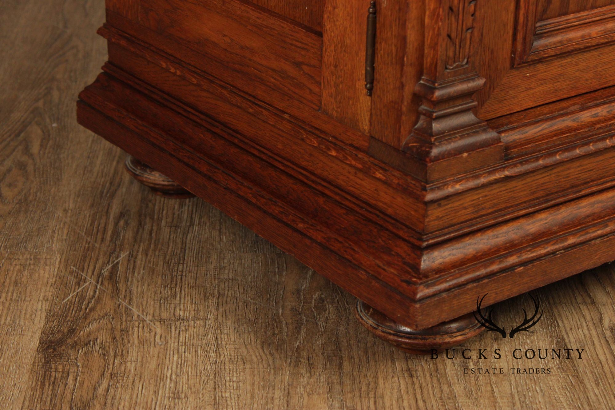 Antique German Renaissance Revival Carved Oak Marble Top Cabinet