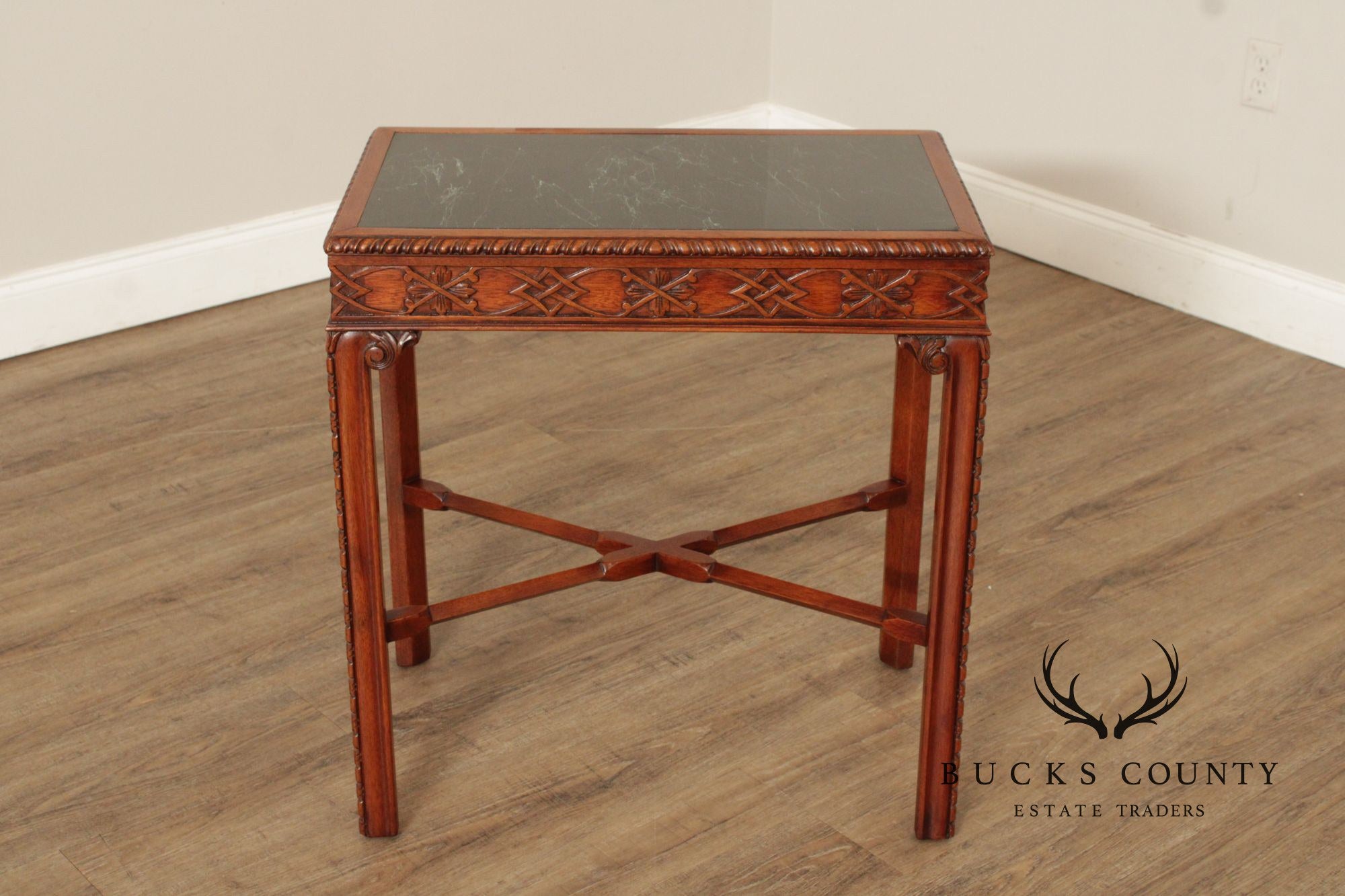 Chinese Chippendale Style Marble Top Mahogany Accent Table
