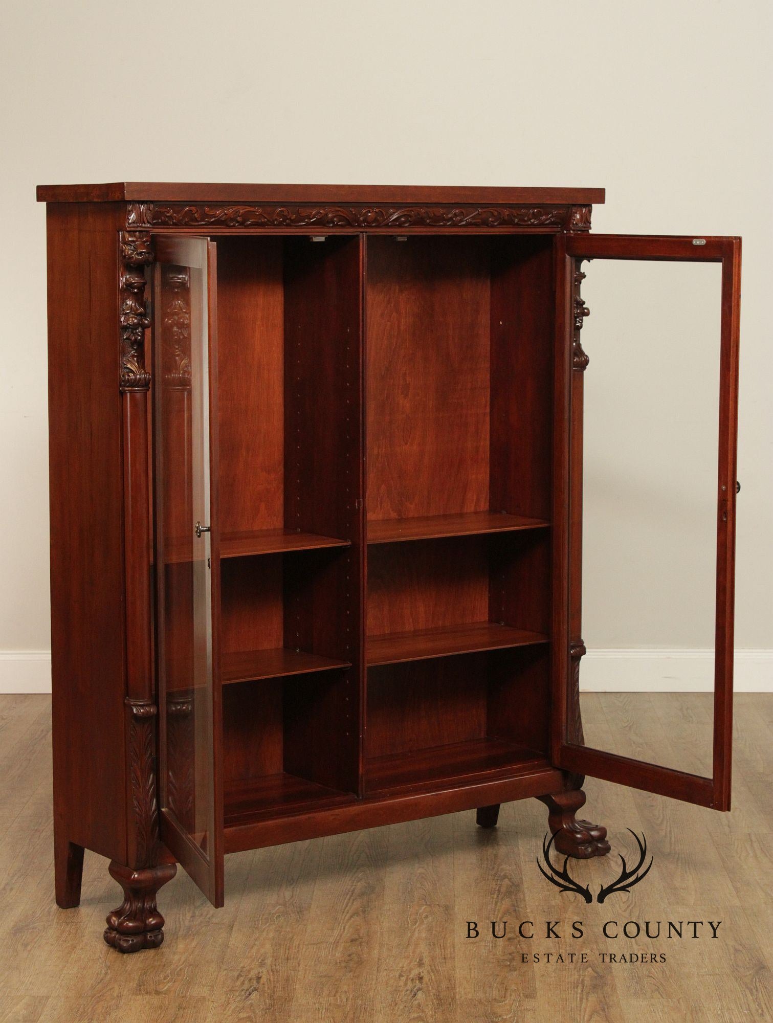 Victorian Style Carved Mahogany Glass Door Bookcase