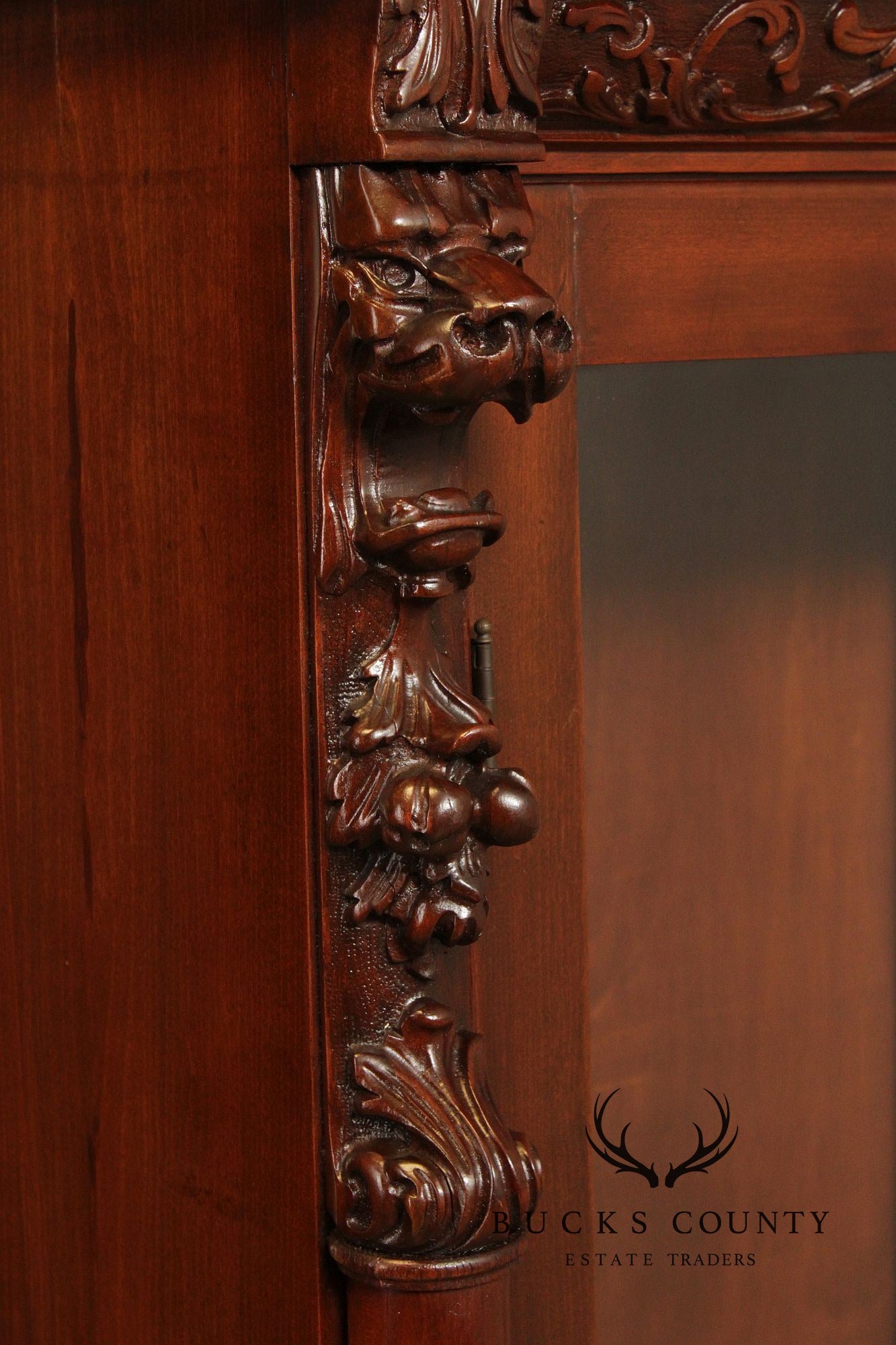Victorian Style Carved Mahogany Glass Door Bookcase