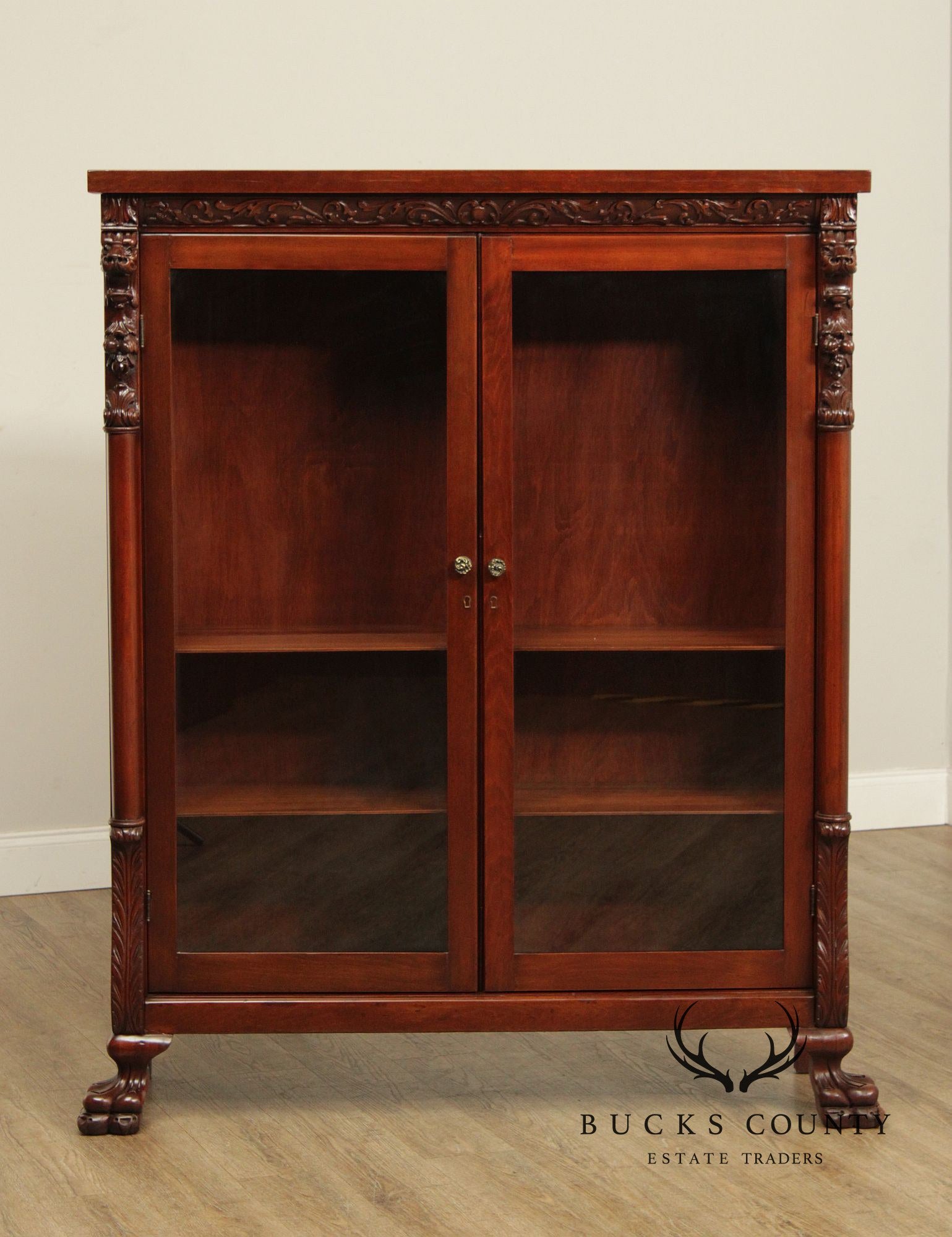 Victorian Style Carved Mahogany Glass Door Bookcase