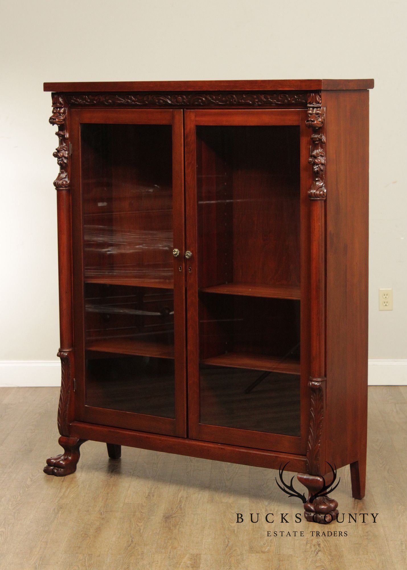 Victorian Style Carved Mahogany Glass Door Bookcase