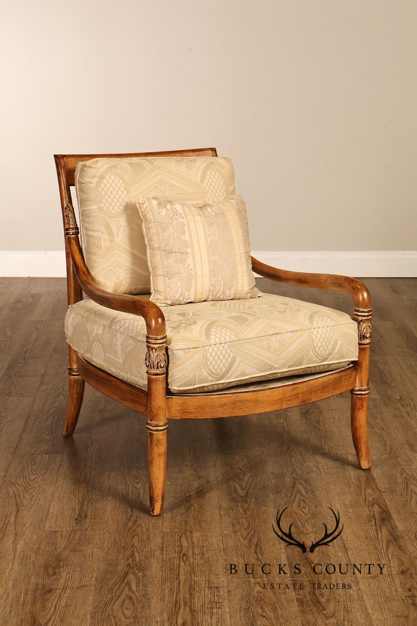 French Empire Style Pair of Carved Mahogany Armchairs