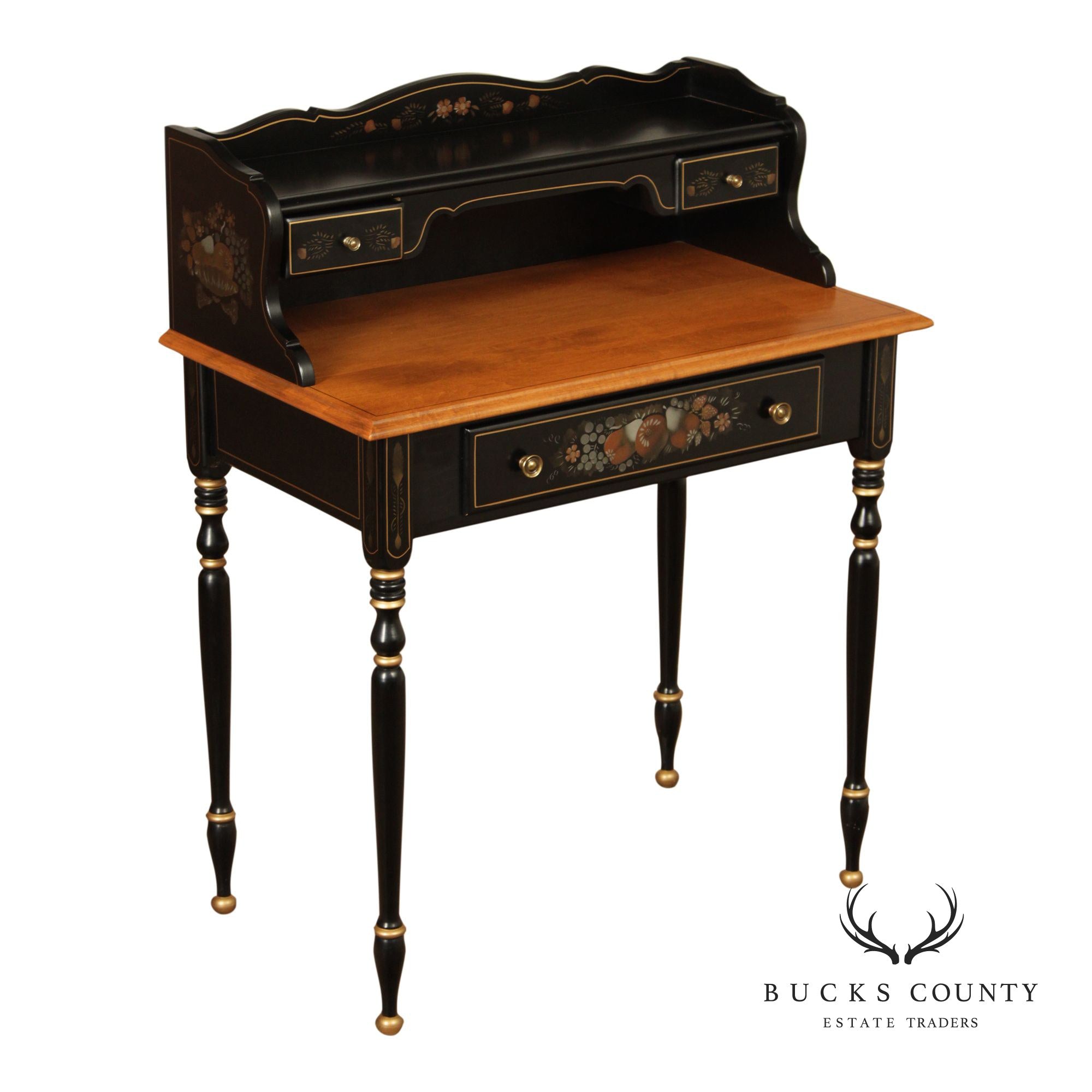 Ethan Allen Hitchcock Style Hand Painted Black Lacquer Writing Desk