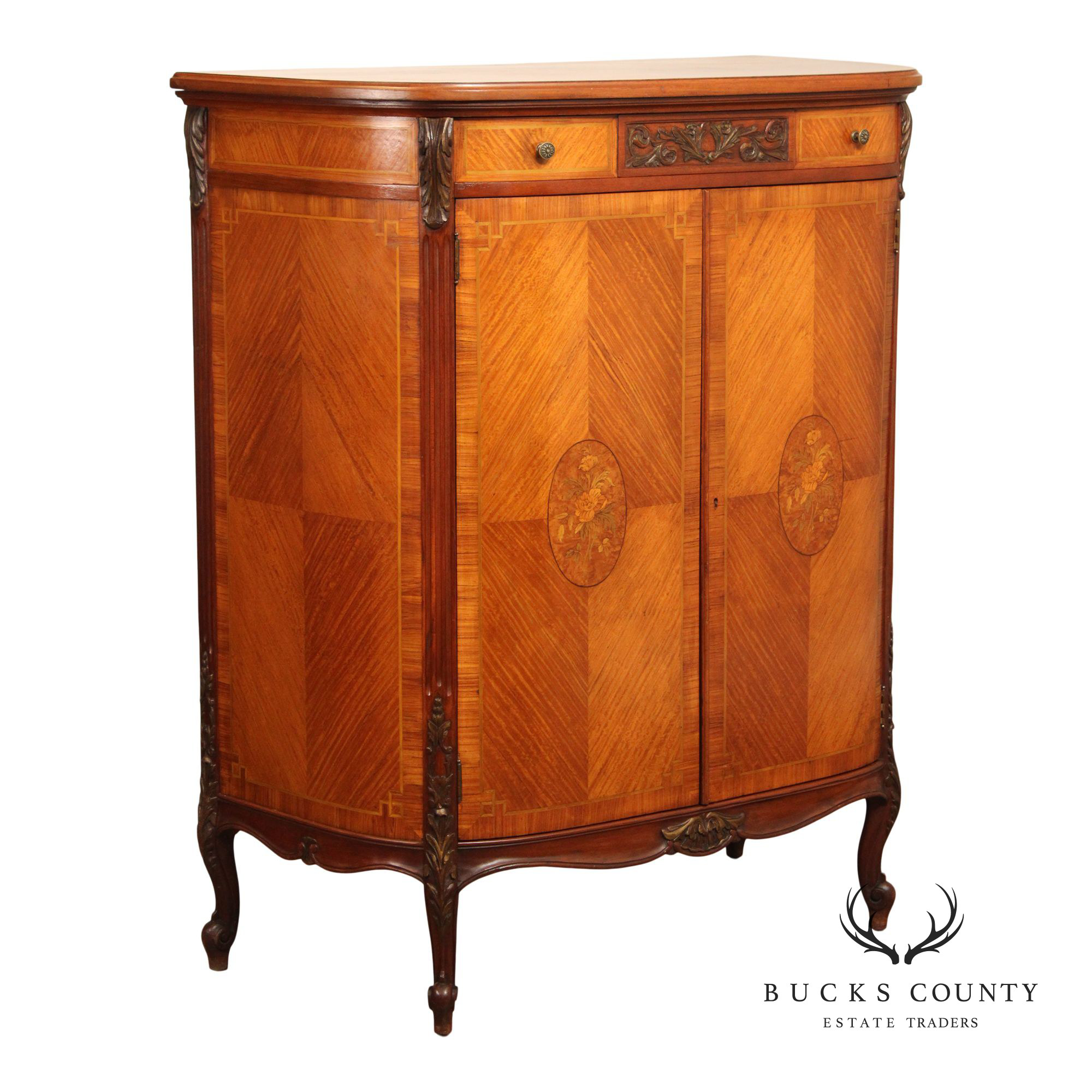 1930's French Louis XV Style Inlaid Satinwood Demilune Gentleman's High Chest