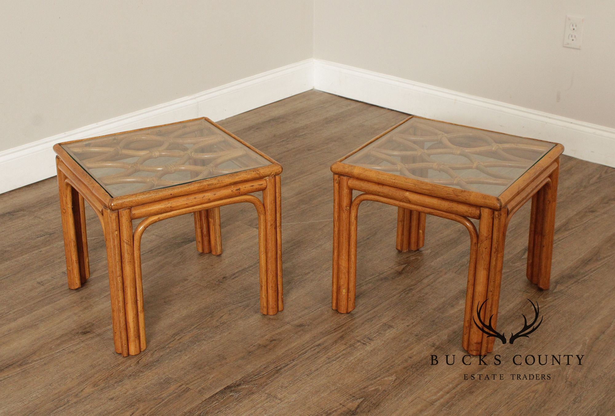 Hollywood Regency Pair of Glass Top Rattan End Tables